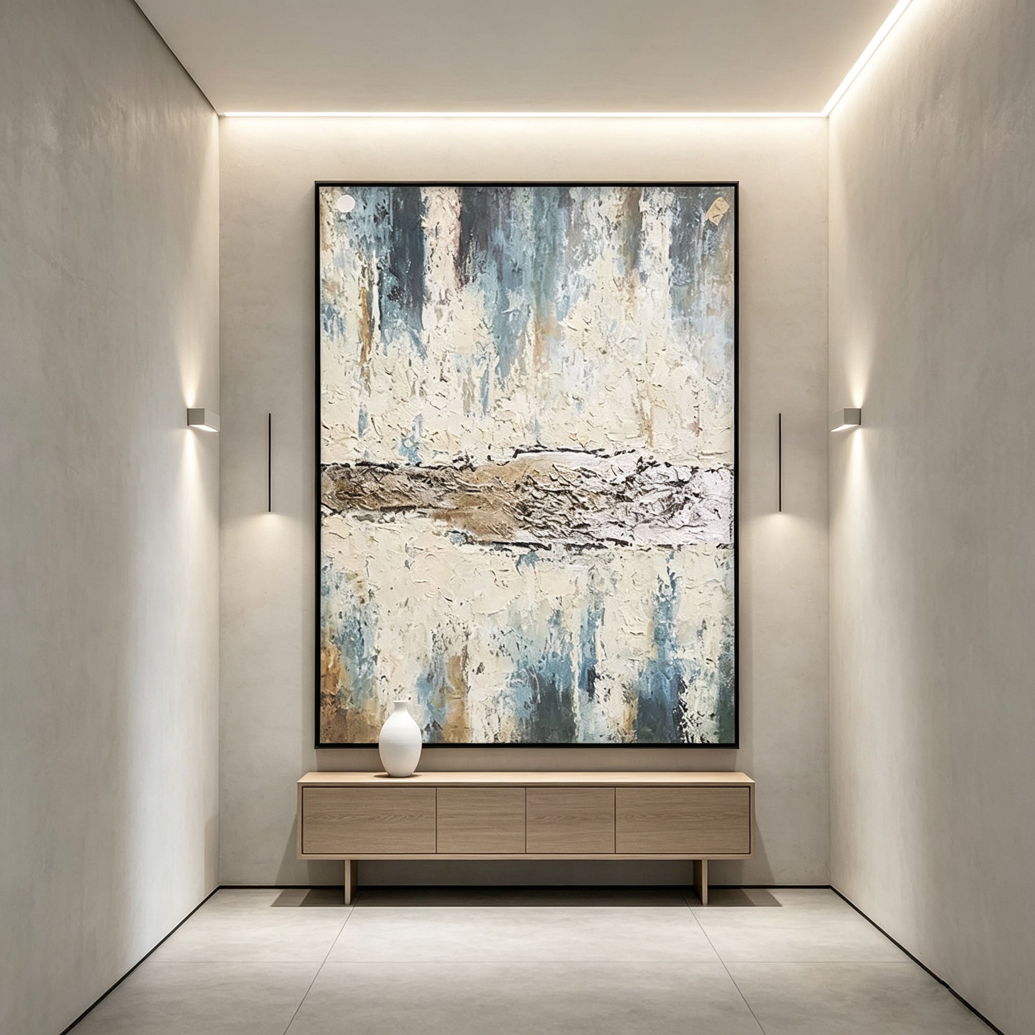 Abstract Seascape Wall Art, Muted Blue Cream Bronze Impasto Painting, Large Textured Horizon Canvas Art, Japandi Wabi-Sabi Living Room Decor