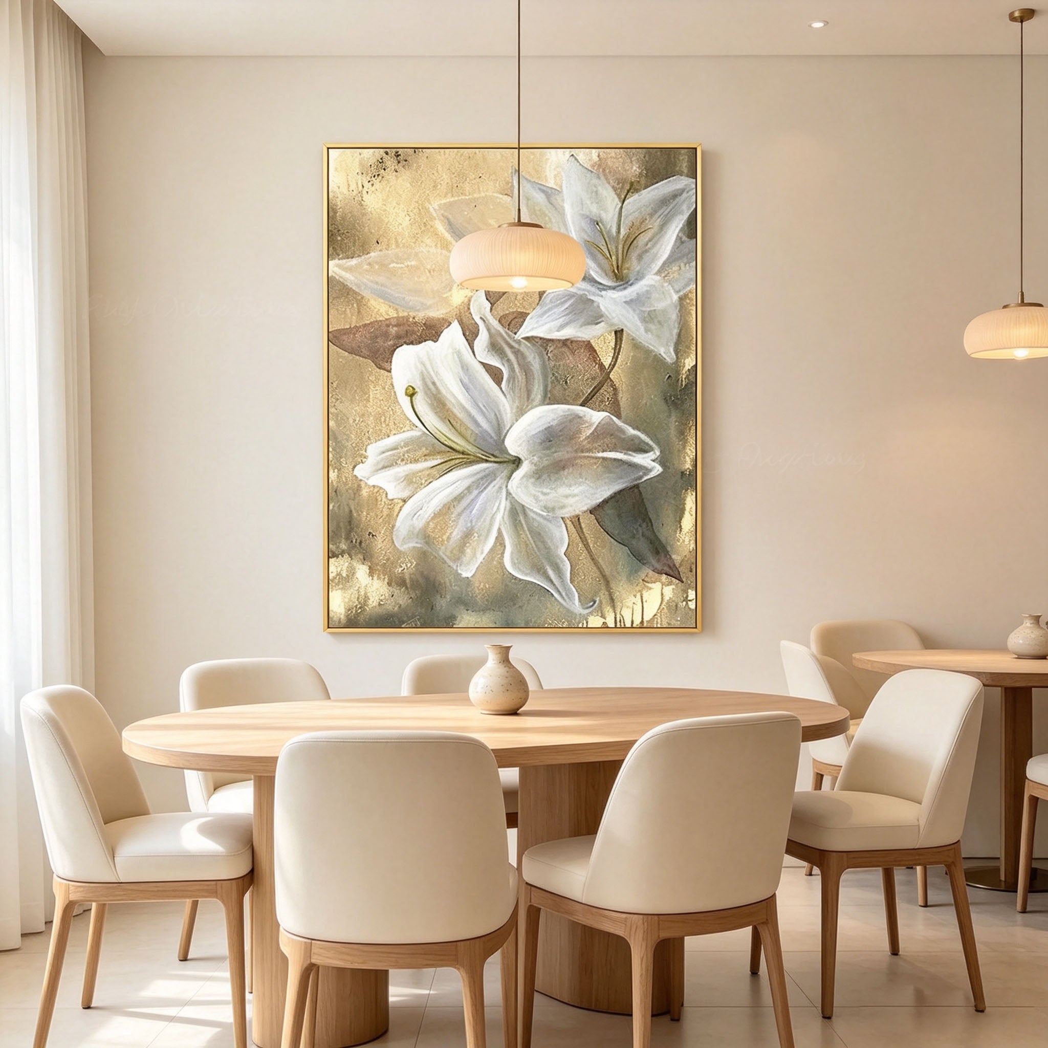 White Lily Flower Wall Art, Gold Background Floral Oil Painting, Large Elegant Textured Canvas Art, Luxury Bedroom Living Room Wall Decor