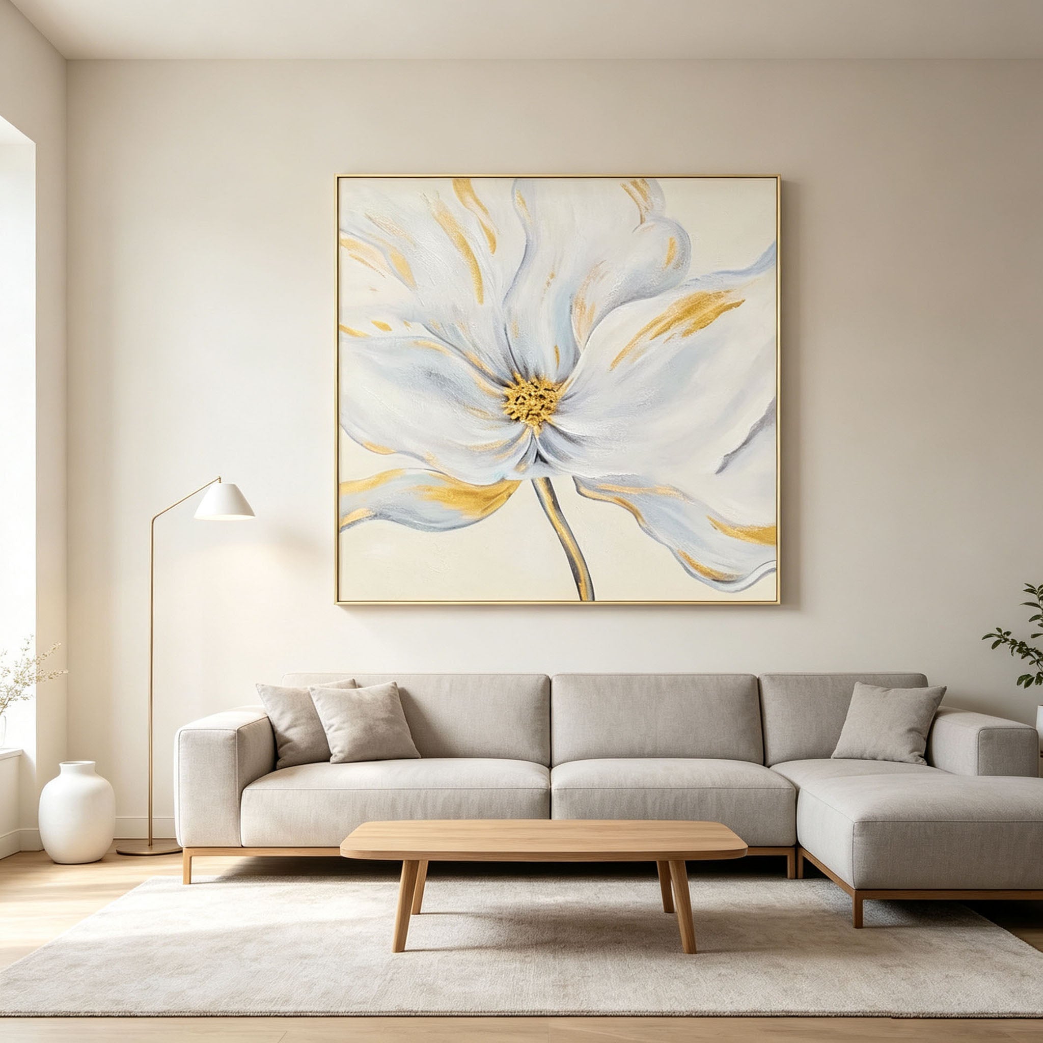 White Flower Oil Painting with Gold Accents, Thick Impasto Textured Floral Canvas Wall Art, Minimalist Modern Home Office Decor