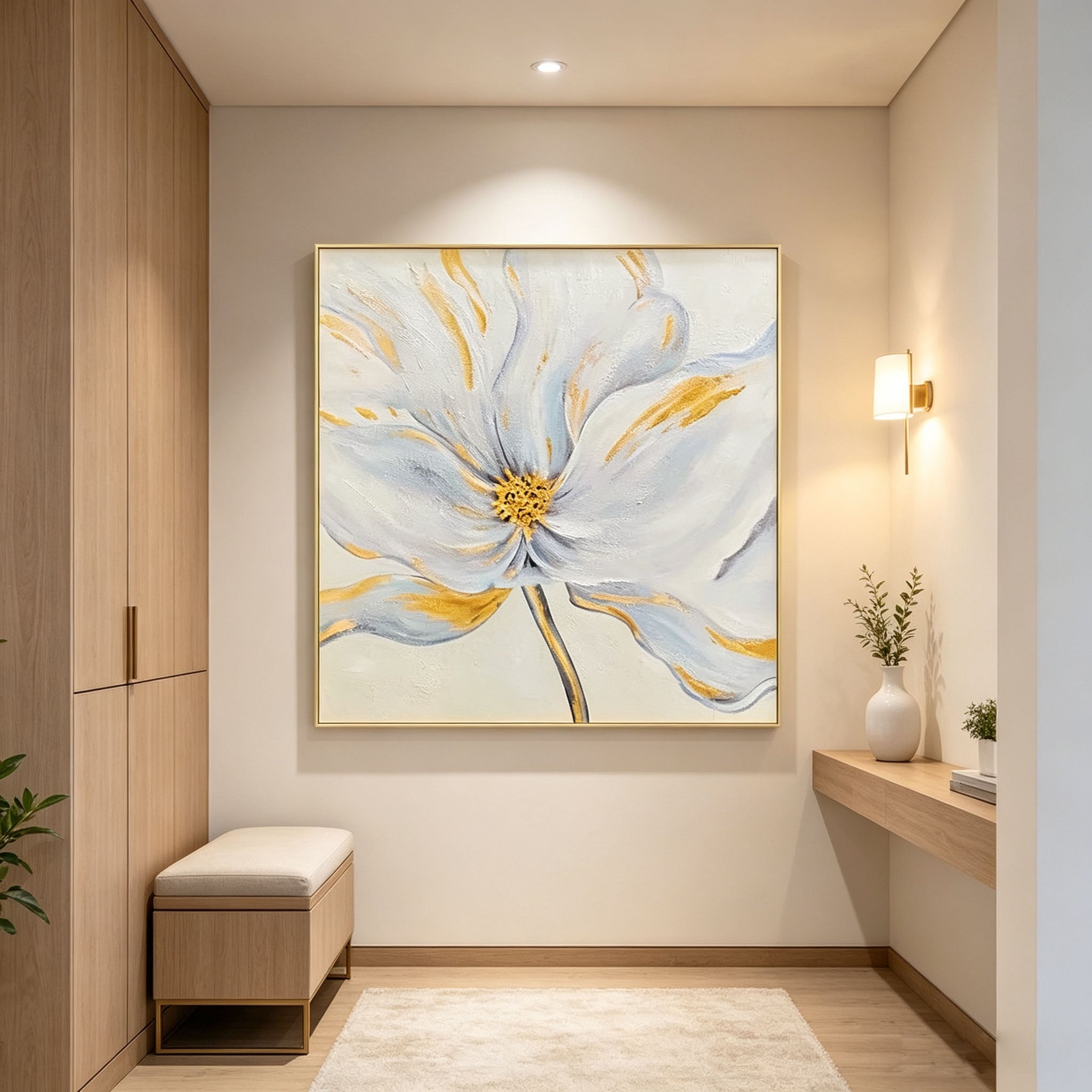 White Flower Oil Painting with Gold Accents, Thick Impasto Textured Floral Canvas Wall Art, Minimalist Modern Home Office Decor