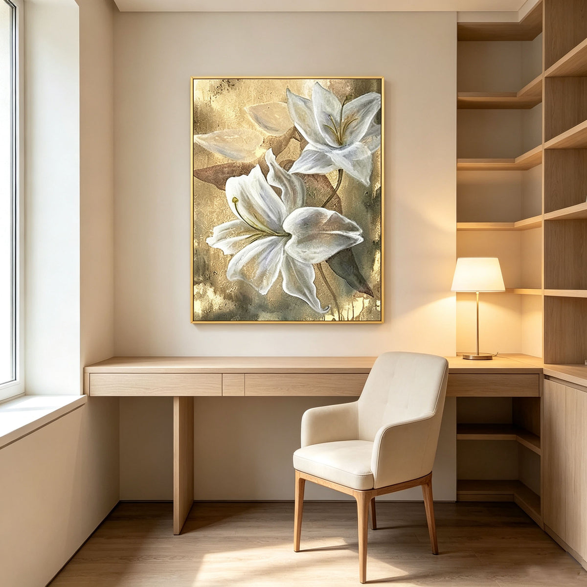 White Lily Flower Wall Art, Gold Background Floral Oil Painting, Large Elegant Textured Canvas Art, Luxury Bedroom Living Room Wall Decor