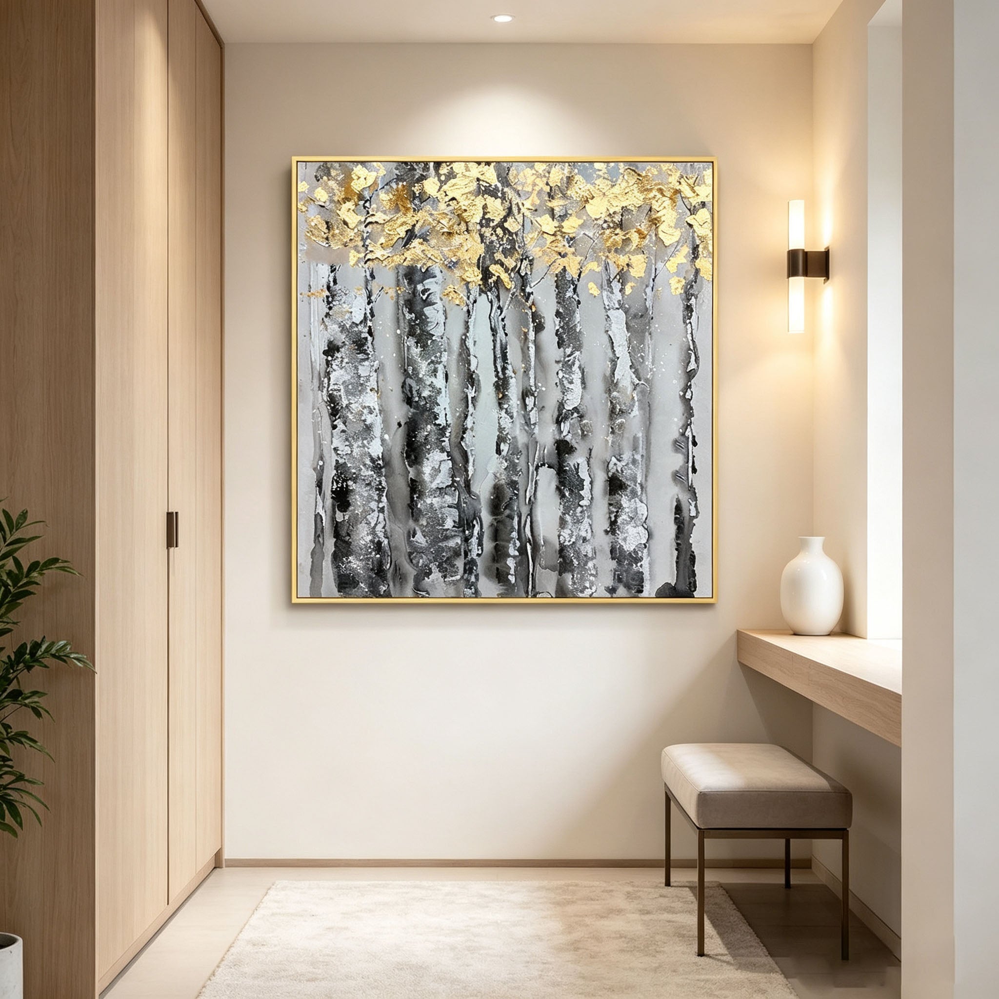 Hand Painted Birch Tree Forest Oil Painting with Gold Leaf, Thick Impasto Textured Landscape Canvas Wall Art, Modern Dining Room Decor