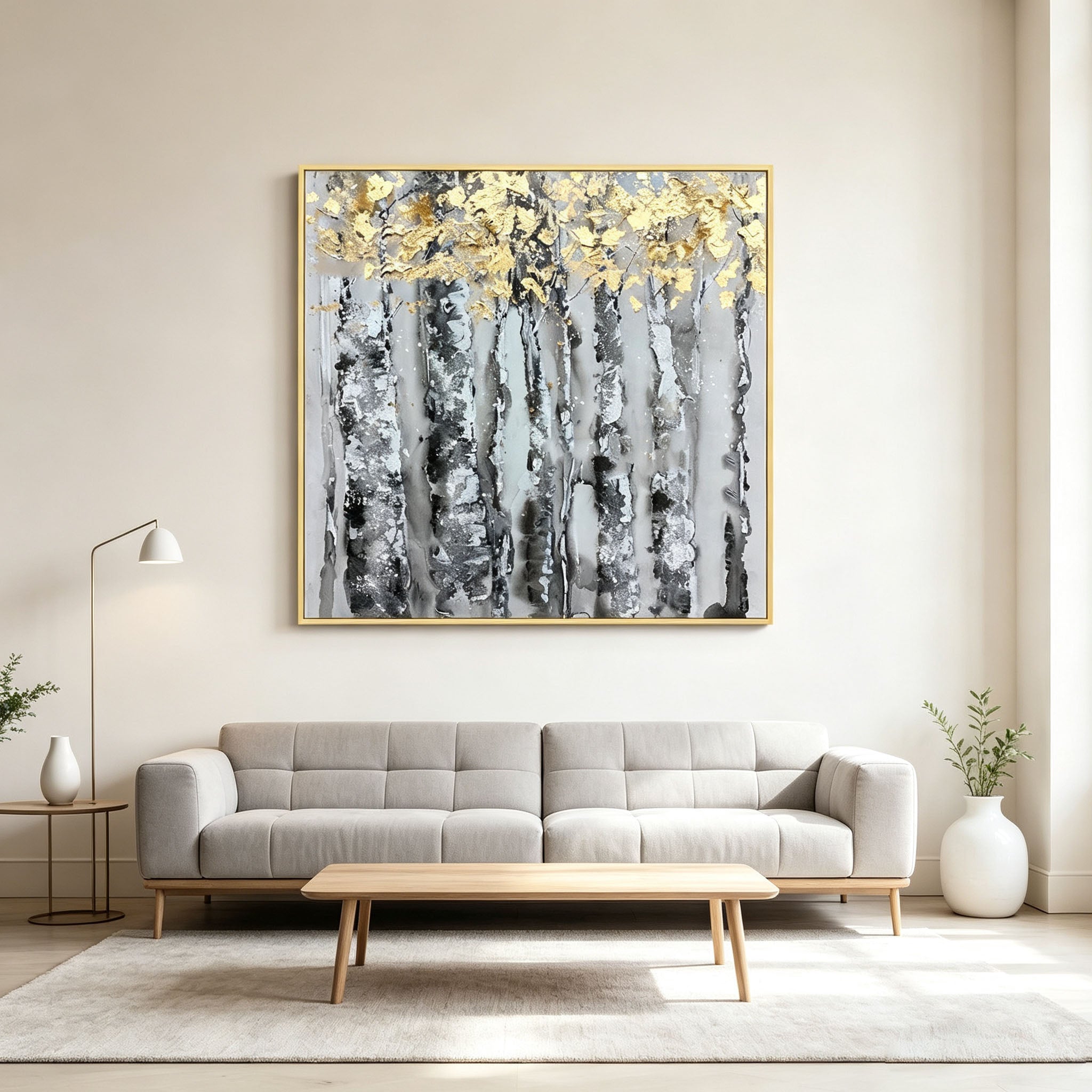 Hand Painted Birch Tree Forest Oil Painting with Gold Leaf, Thick Impasto Textured Landscape Canvas Wall Art, Modern Dining Room Decor