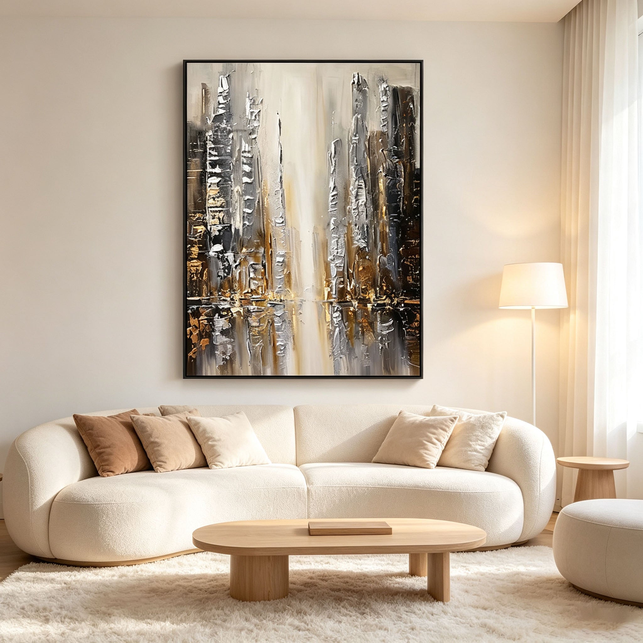 Abstract Cityscape Wall Art, Gold Silver Black Skyline Impasto Painting, Large Textured Urban Canvas Art, Modern Luxury Bedroom Living Room Decor