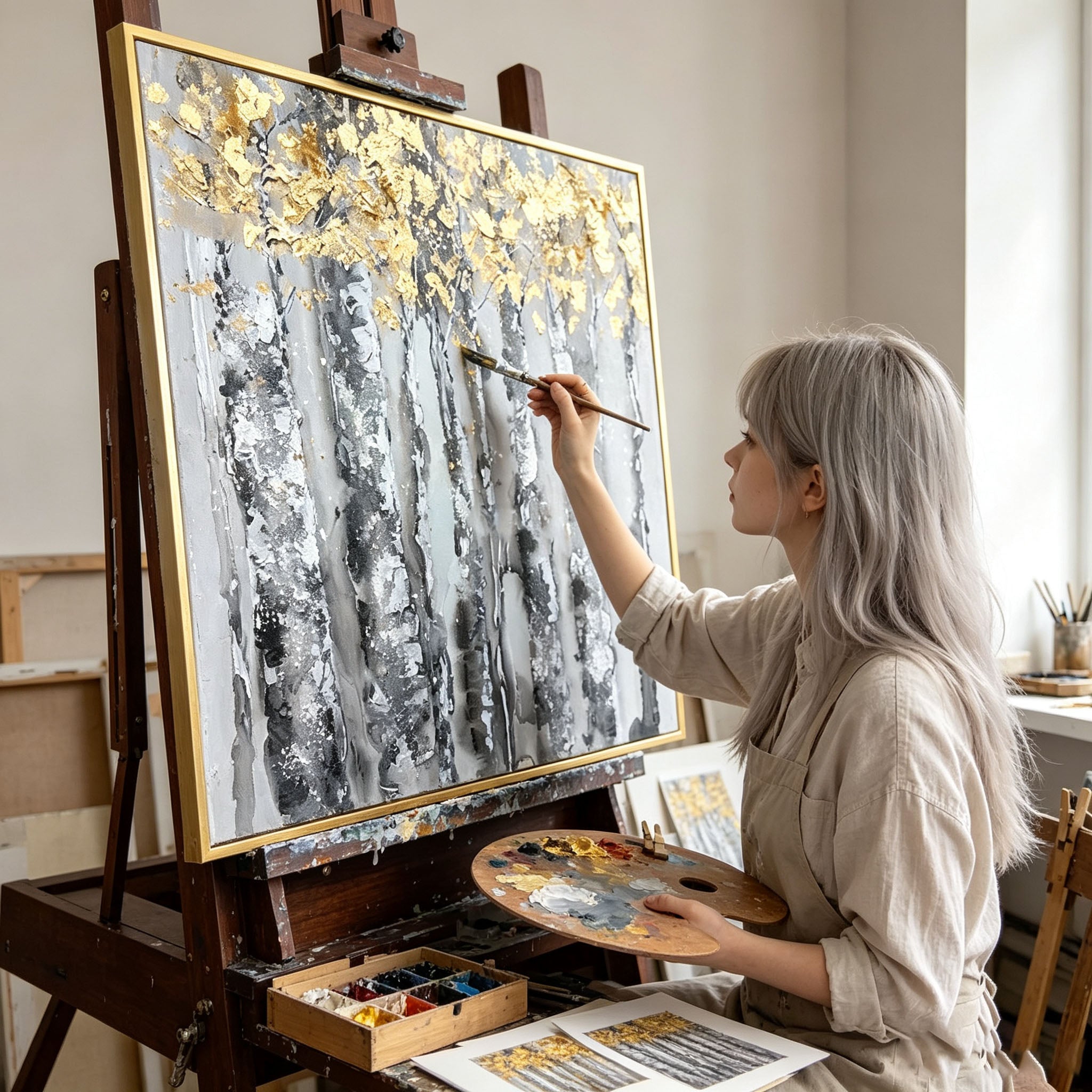 Hand Painted Birch Tree Forest Oil Painting with Gold Leaf, Thick Impasto Textured Landscape Canvas Wall Art, Modern Dining Room Decor