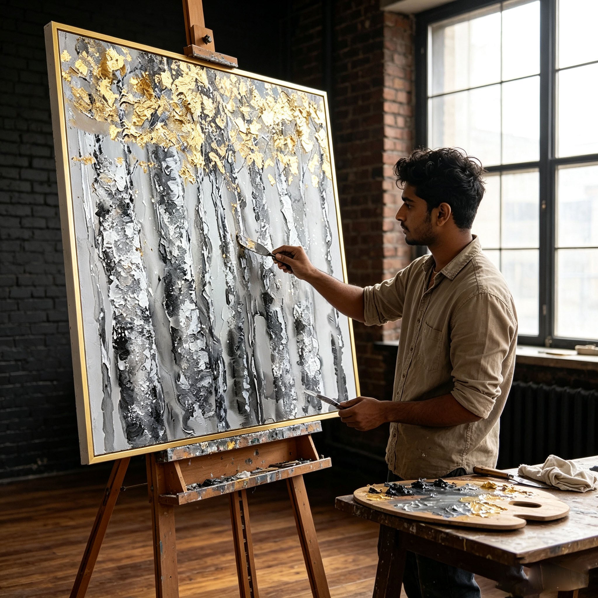 Hand Painted Birch Tree Forest Oil Painting with Gold Leaf, Thick Impasto Textured Landscape Canvas Wall Art, Modern Dining Room Decor