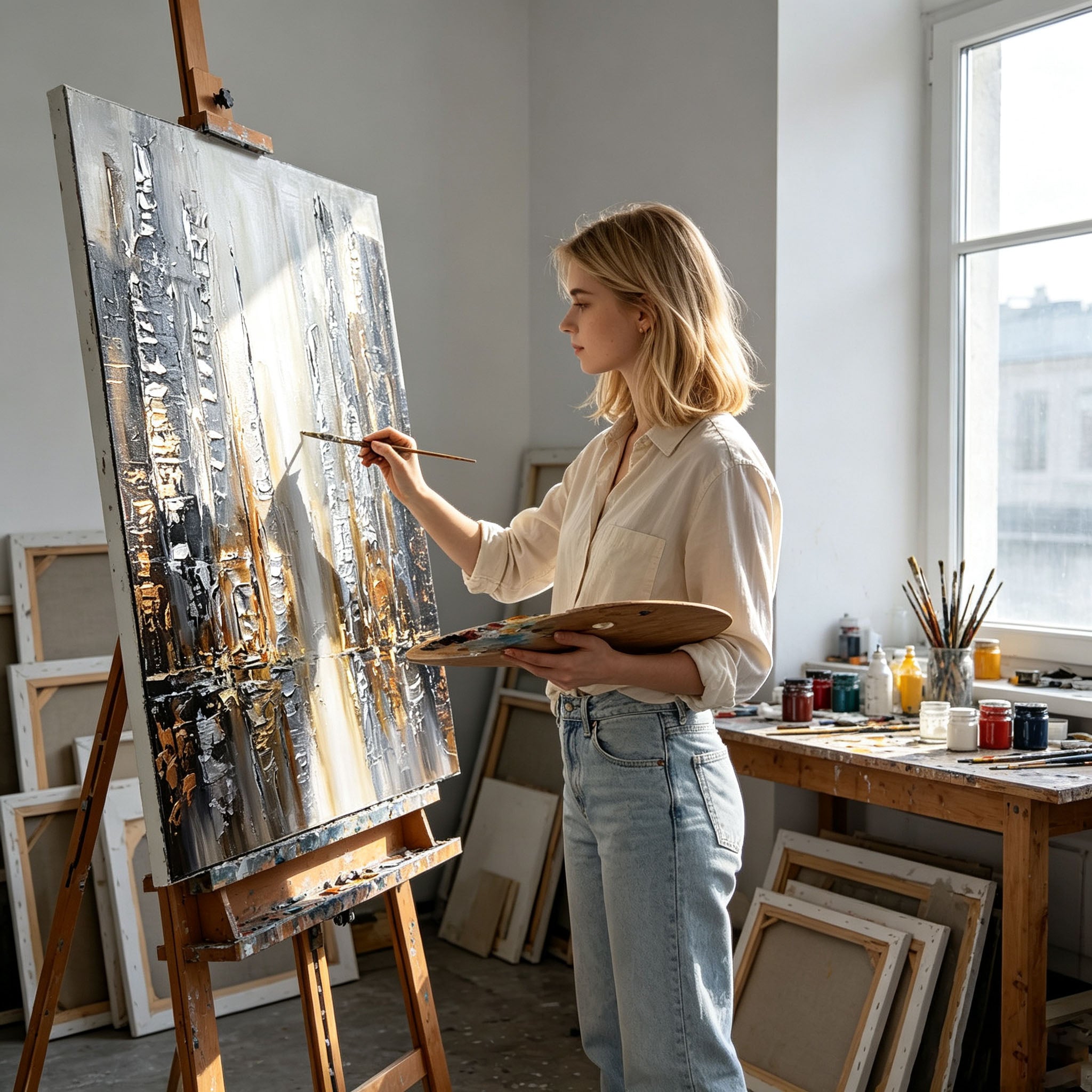 Abstract Cityscape Wall Art, Gold Silver Black Skyline Impasto Painting, Large Textured Urban Canvas Art, Modern Luxury Bedroom Living Room Decor