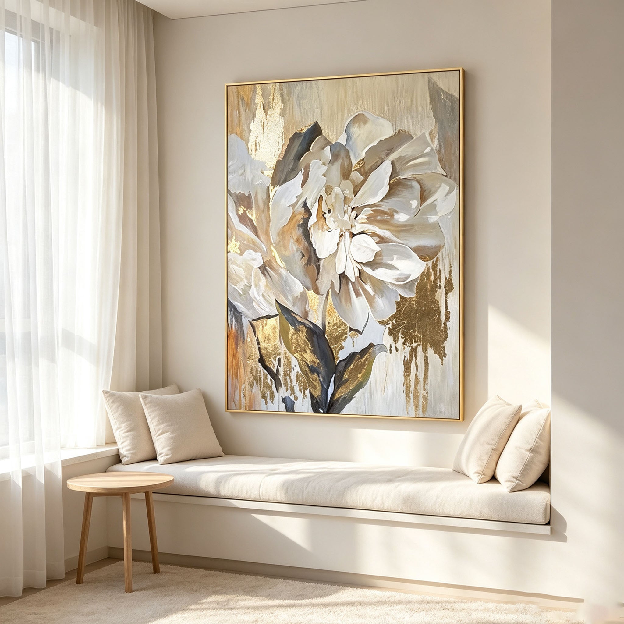 White Peony Wall Art, Gold Background Floral Oil Painting, Large Elegant Textured Canvas Art, Luxury Dining Room Living Room Wall Decor
