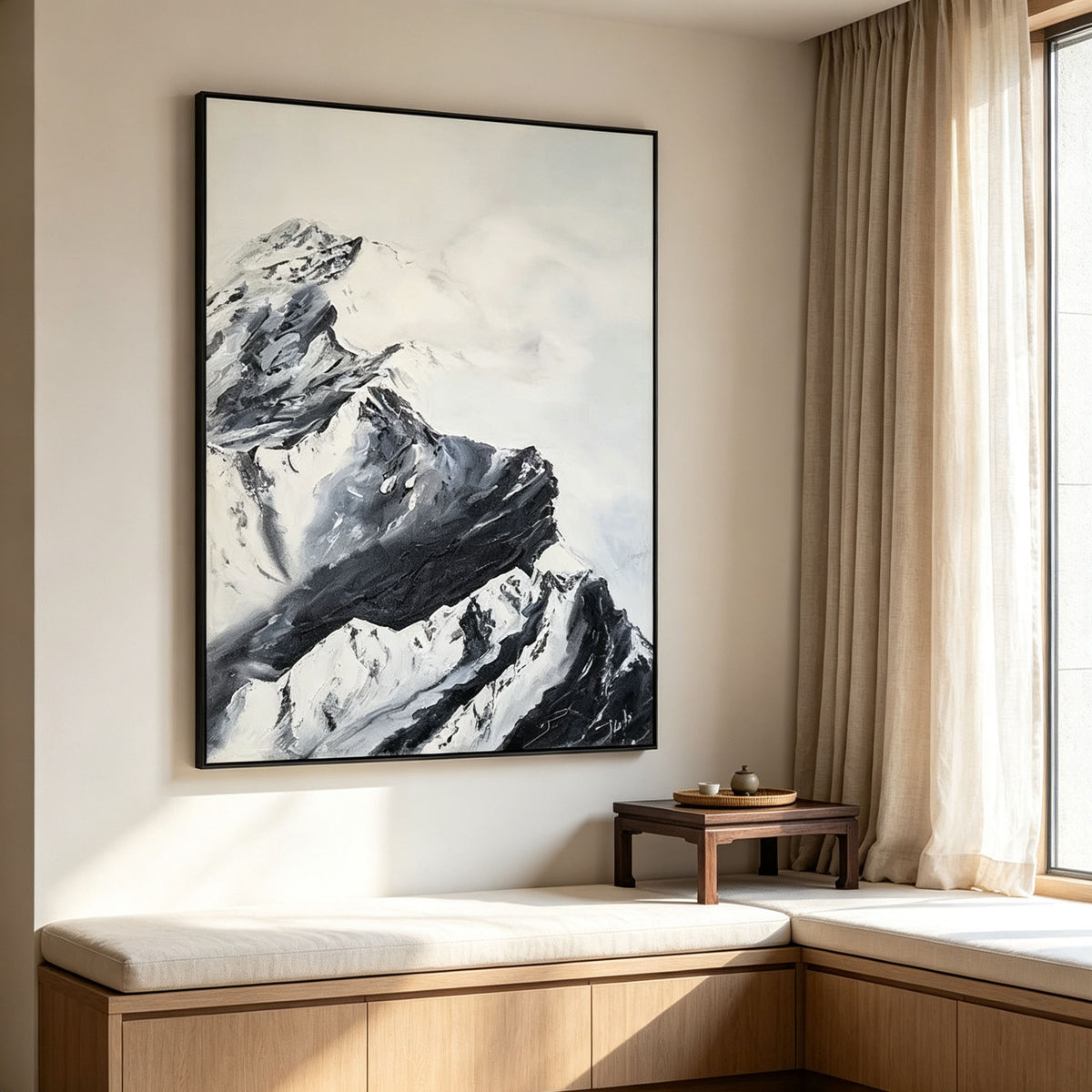 Black and White Mountain Wall Art, Snow Mountain Landscape Oil Painting, Large Textured Monochrome Canvas Art, Zen Minimalist Living Room Decor