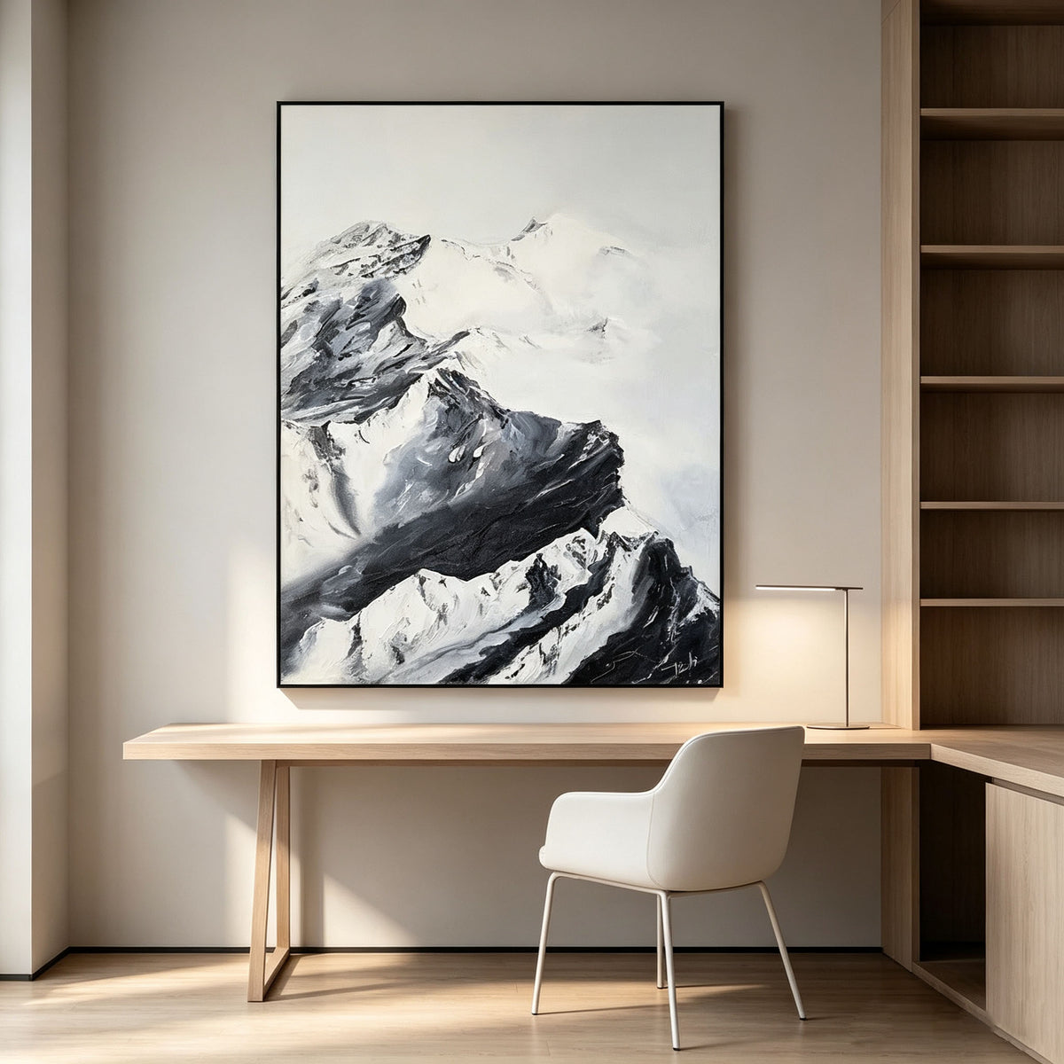 Black and White Mountain Wall Art, Snow Mountain Landscape Oil Painting, Large Textured Monochrome Canvas Art, Zen Minimalist Living Room Decor