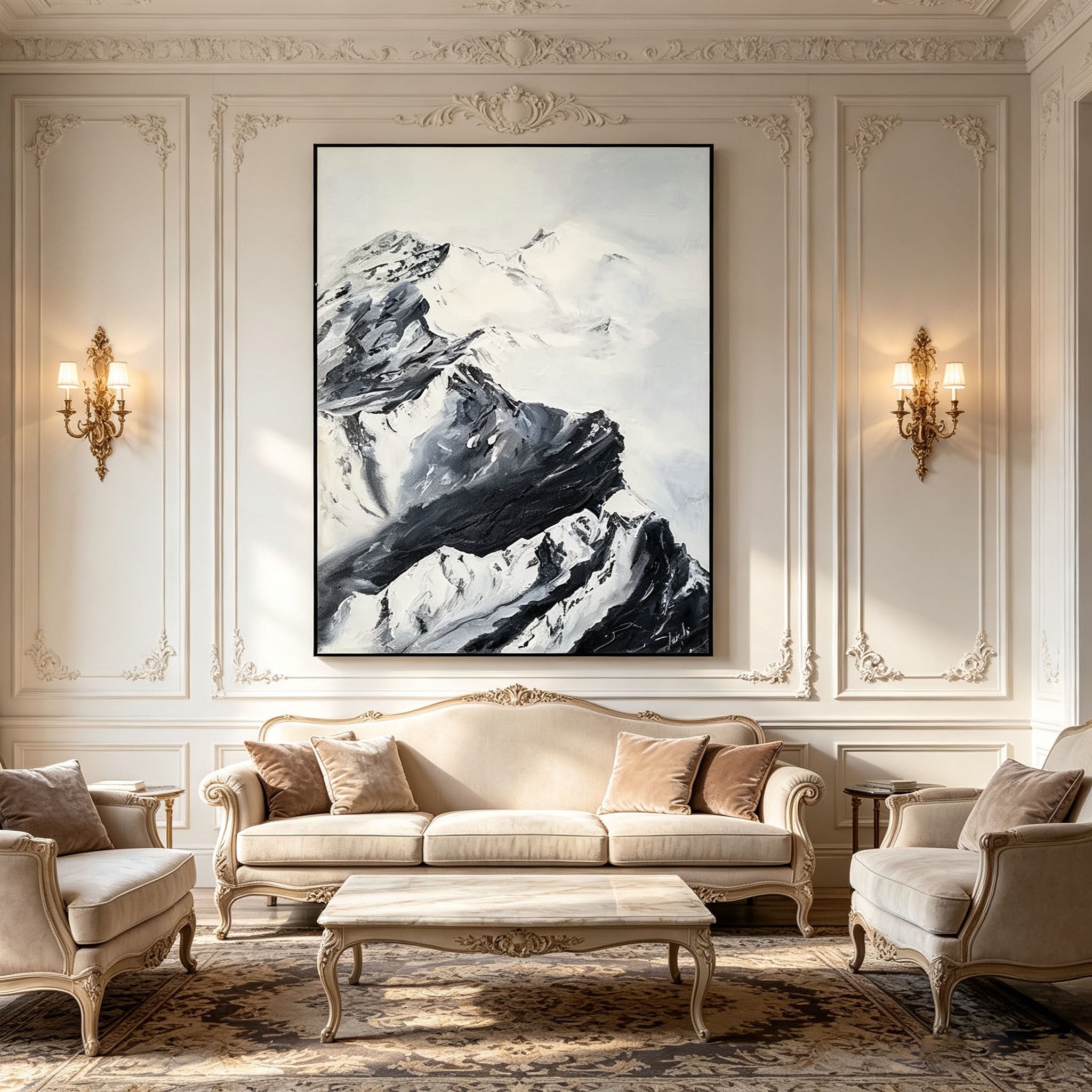 Black and White Mountain Wall Art, Snow Mountain Landscape Oil Painting, Large Textured Monochrome Canvas Art, Zen Minimalist Living Room Decor