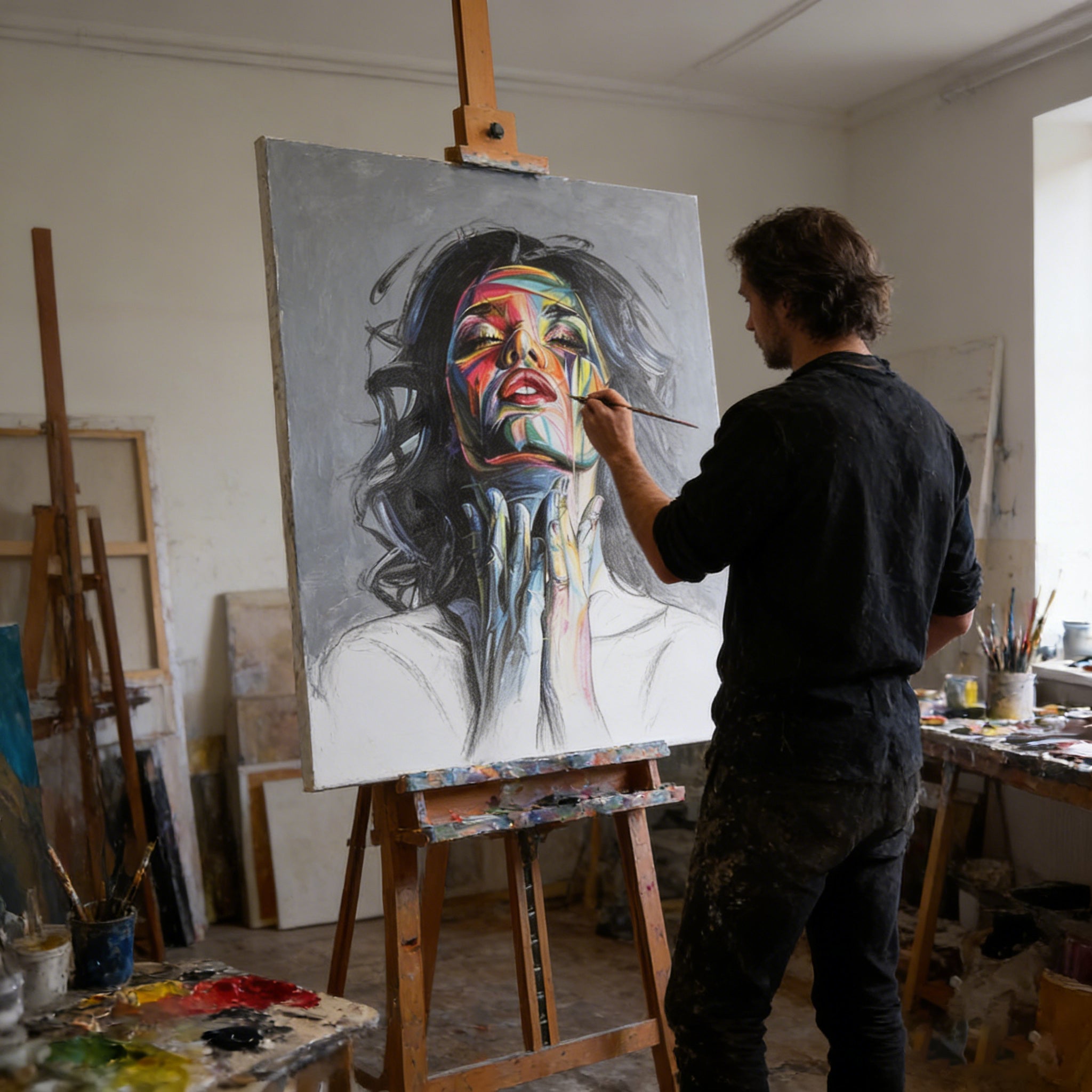 Vibrant Abstract Portrait Hand-Painted Oil Painting – Bold Palette Knife Woman’s Face Canvas for Modern Art Lovers