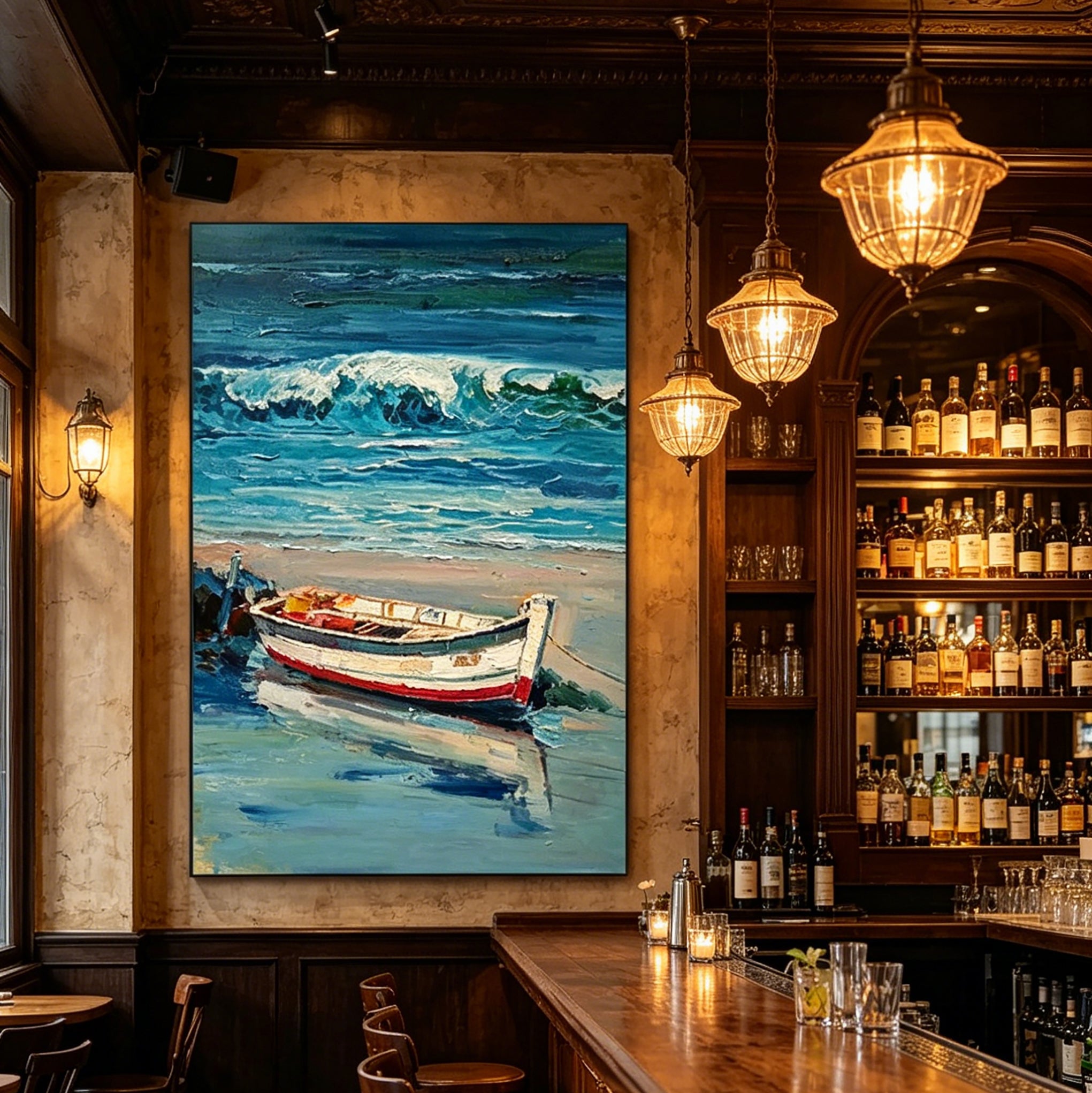 Hand-Painted "Harbor Moonlight" Oil Painting – Textured Nautical Statement Canvas for Coastal Elegance