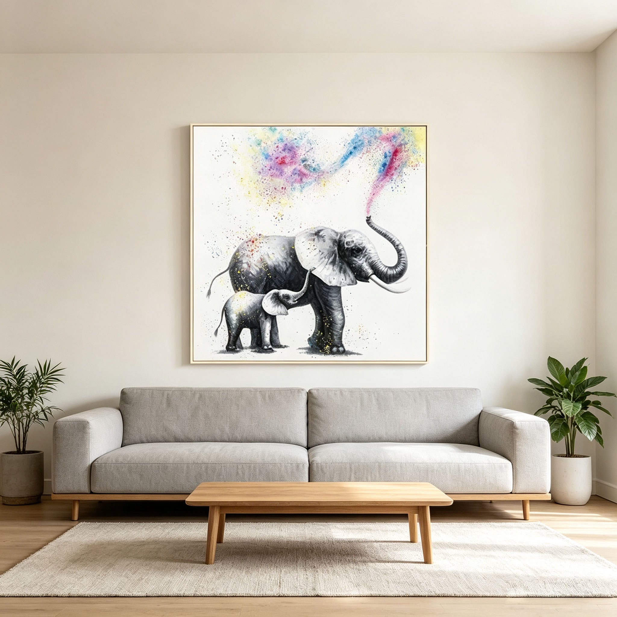 Mother and Baby Elephant Oil Painting, Colorful Splash Animal Canvas Wall Art, Modern Family Wildlife Decor
