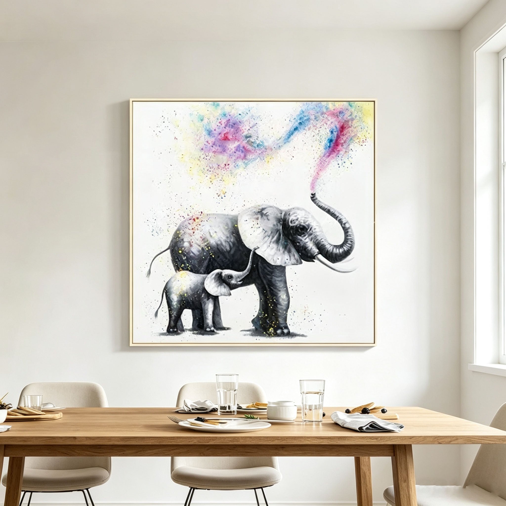 Mother and Baby Elephant Oil Painting, Colorful Splash Animal Canvas Wall Art, Modern Family Wildlife Decor
