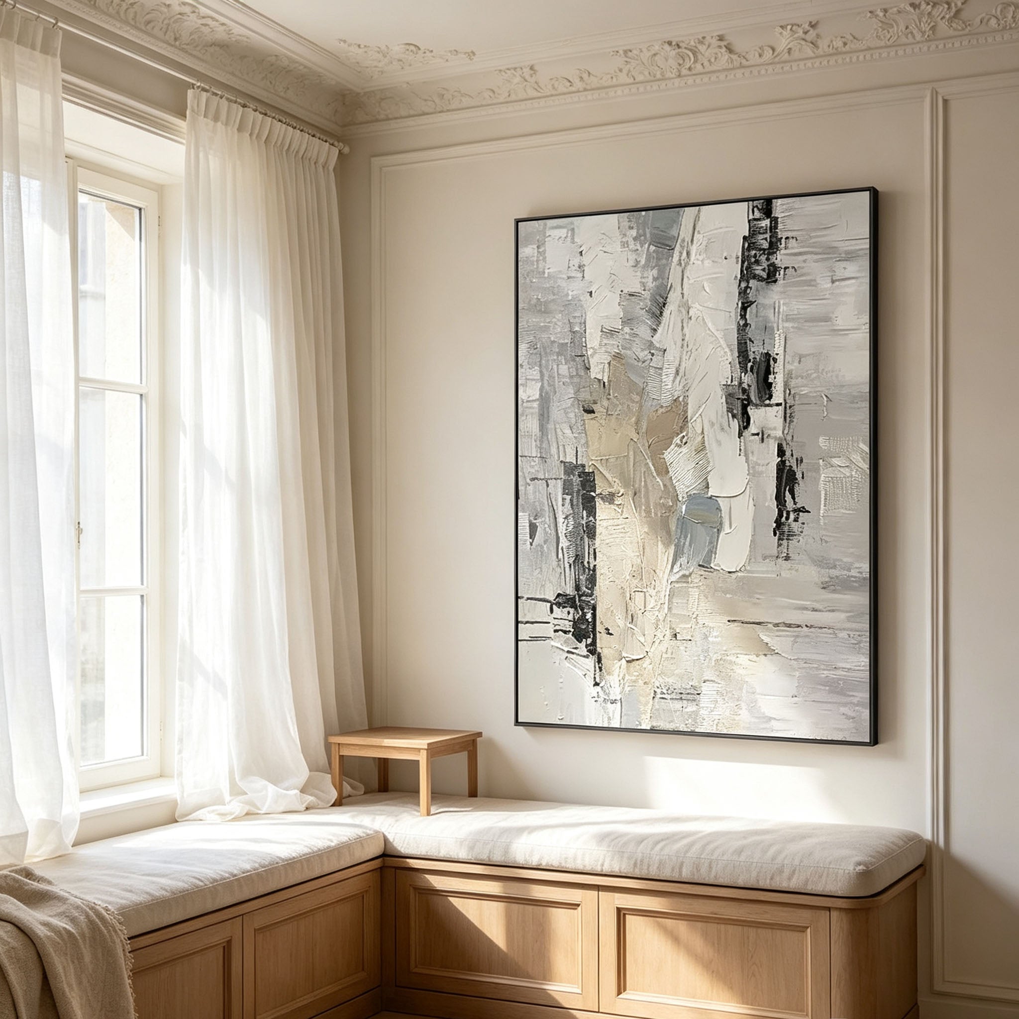 Gray Abstract Cityscape Wall Art, Neutral Black White Grey Impasto Painting, Large Textured Architectural Canvas Art, Modern Living Room Decor