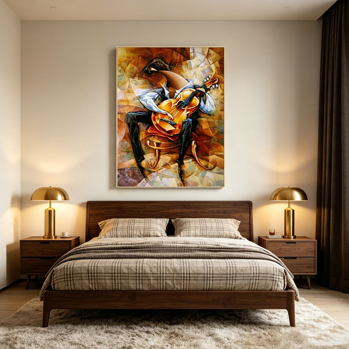 Cubism Abstract Violin Musician Canvas Wall Art, Vintage Brown Tones Music Themed Painting for Home Decor