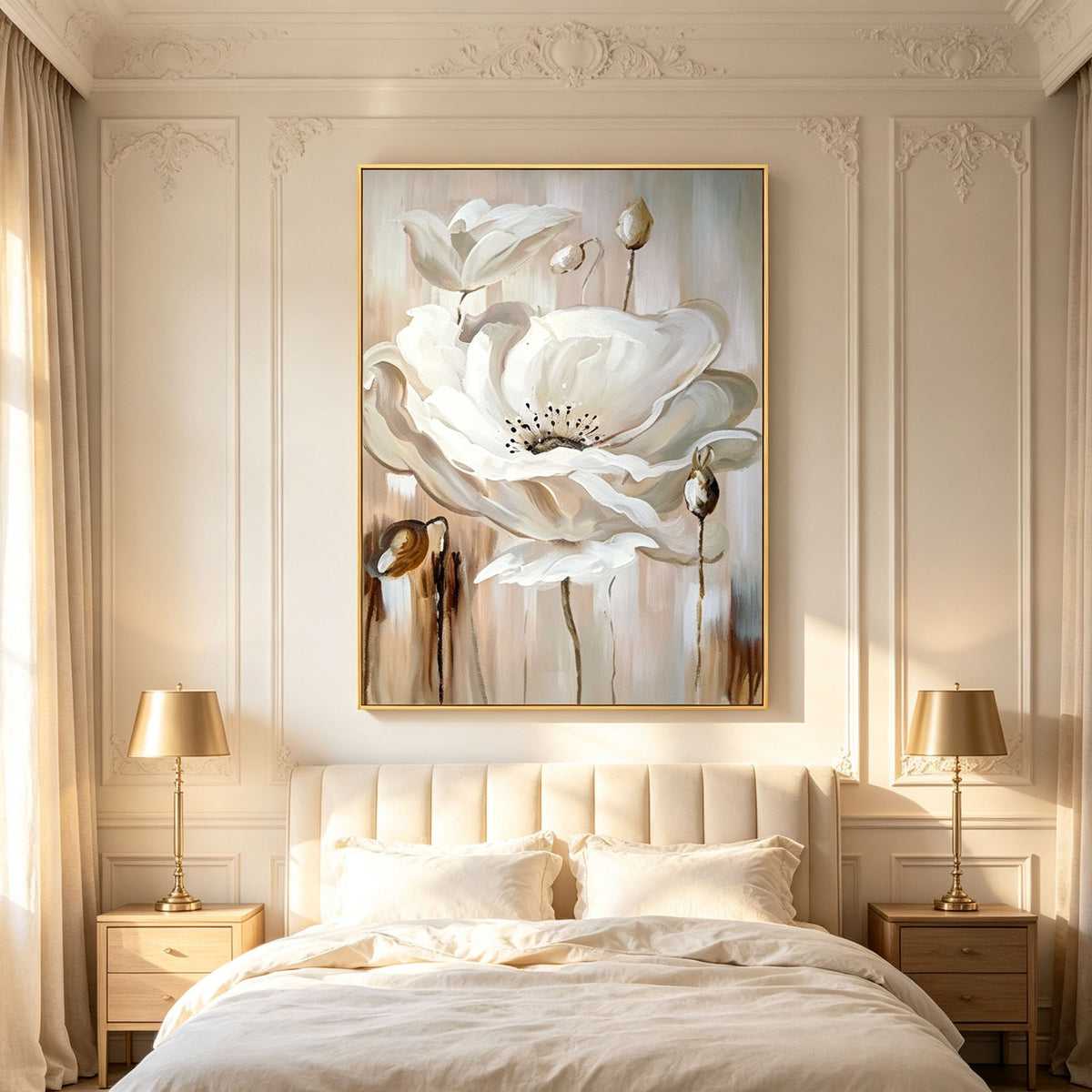 White Flower Wall Art, Beige Background Floral Oil Painting, Large Elegant Soft Textured Canvas Art, Modern Feminine Bedroom Wall Decor