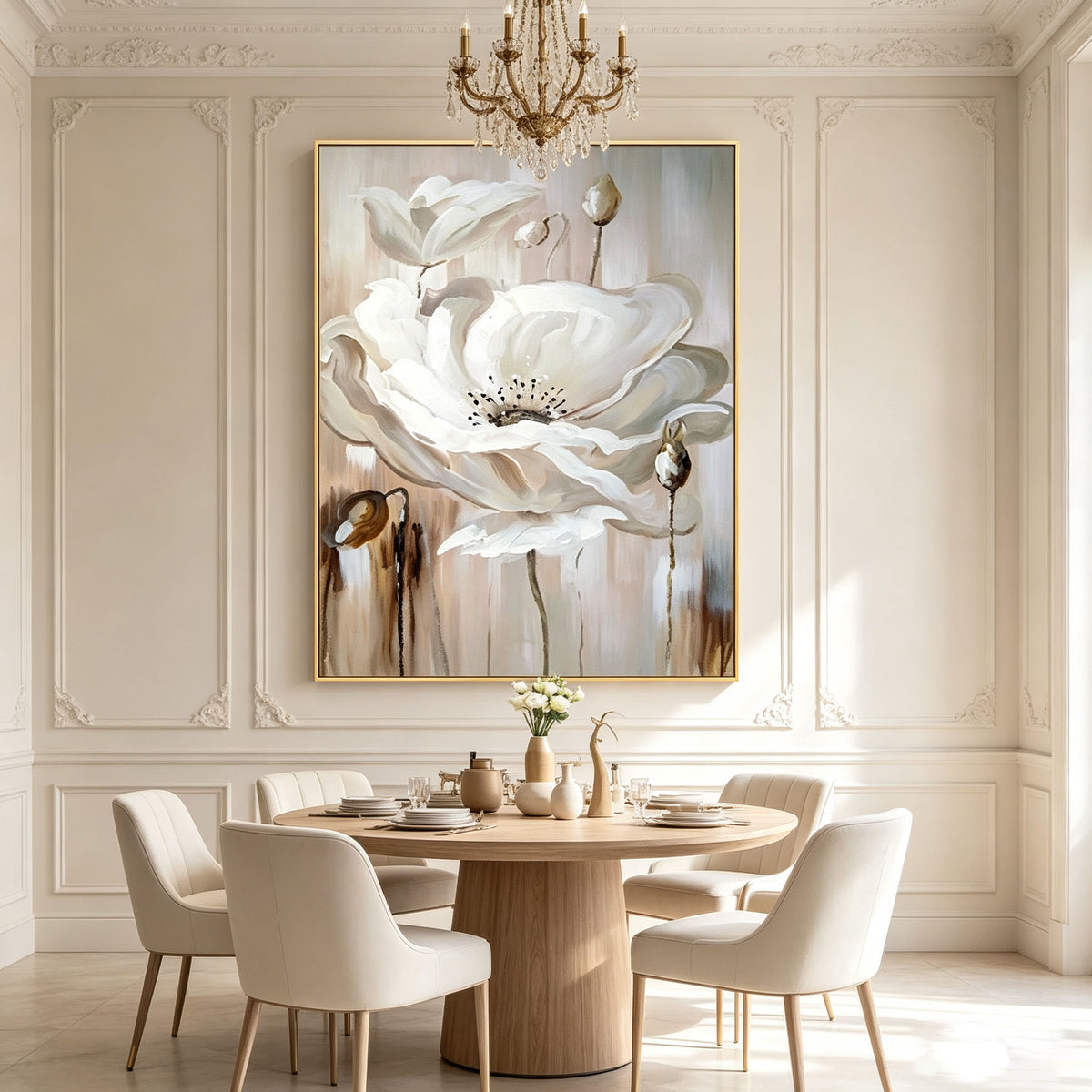 White Flower Wall Art, Beige Background Floral Oil Painting, Large Elegant Soft Textured Canvas Art, Modern Feminine Bedroom Wall Decor