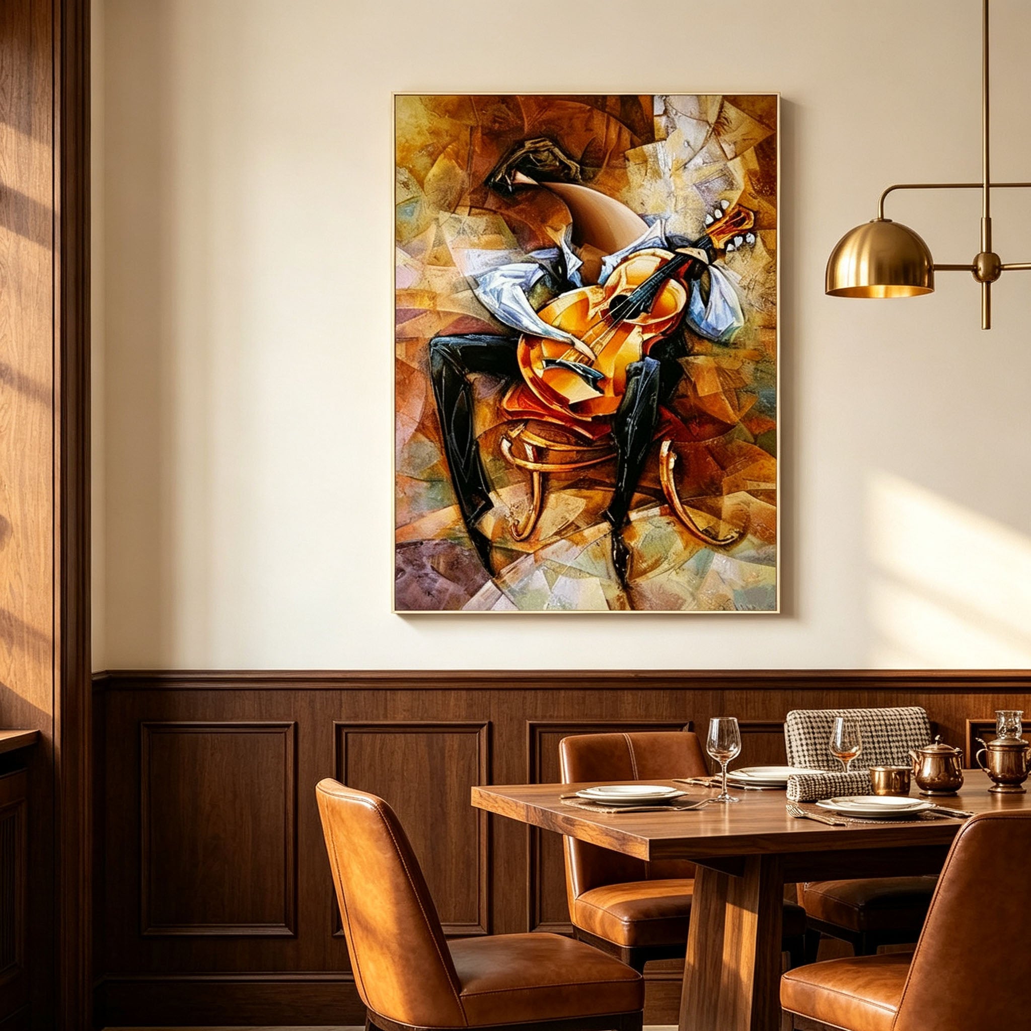 Cubism Abstract Violin Musician Canvas Wall Art, Vintage Brown Tones Music Themed Painting for Home Decor