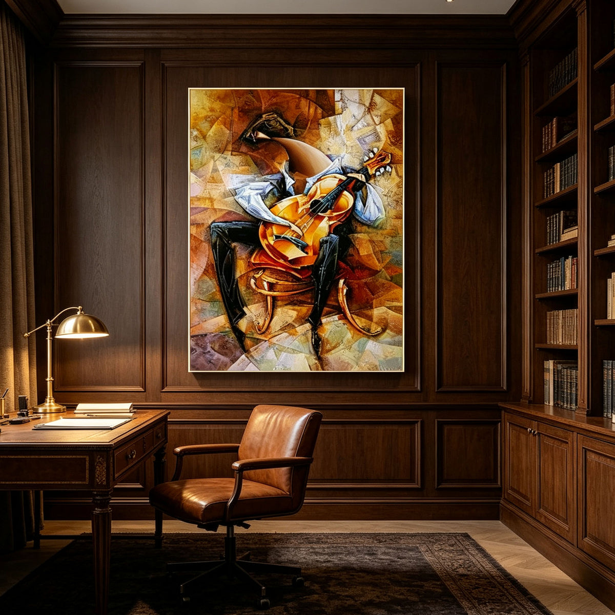 Cubism Abstract Violin Musician Canvas Wall Art, Vintage Brown Tones Music Themed Painting for Home Decor