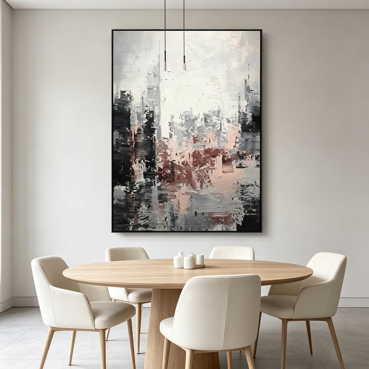 Gray and Pink Abstract Cityscape Wall Art, Blush Dusty Rose Skyline Impasto Painting, Large Textured Urban Canvas Art, Elegant Living Room Decor