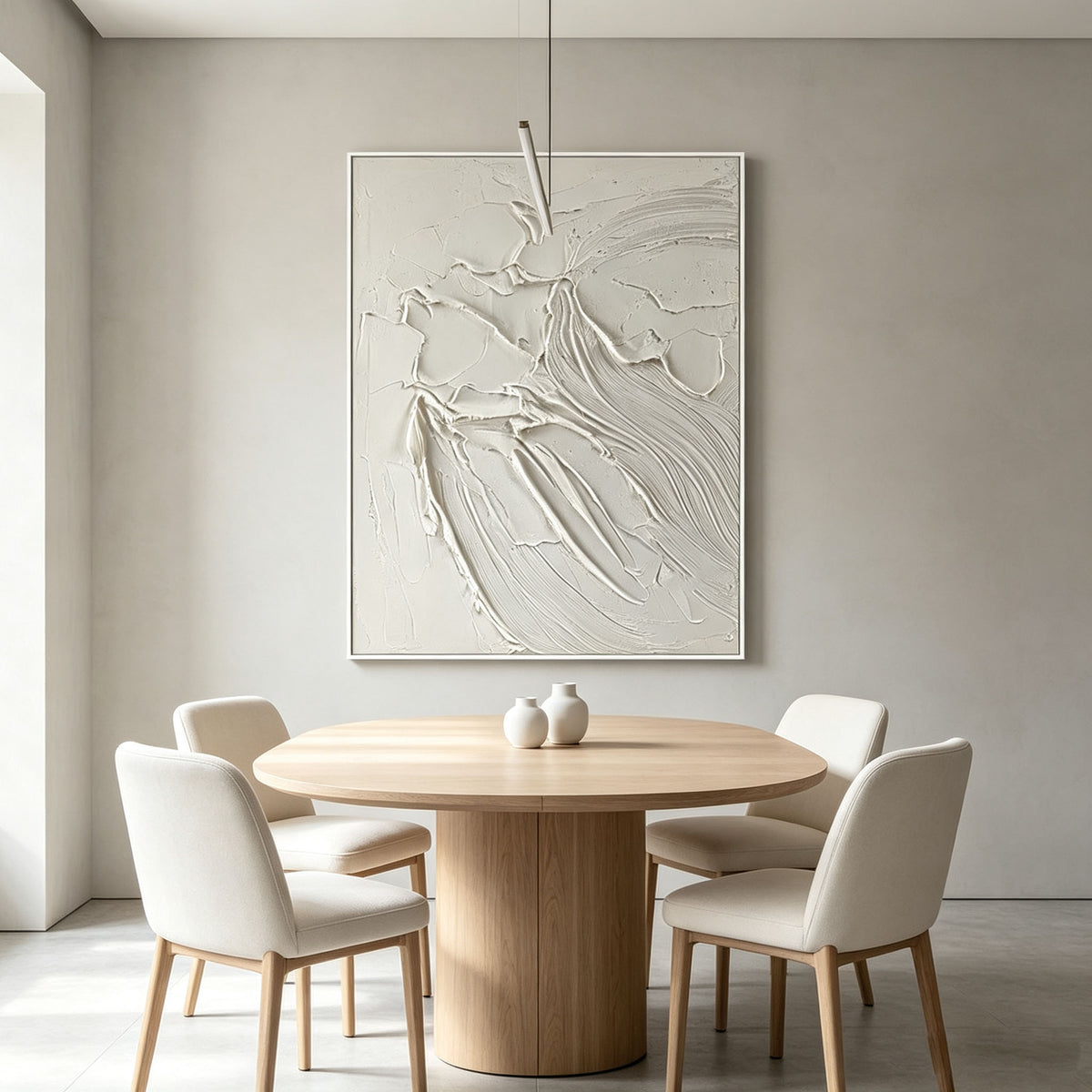 White 3D Textured Wall Art, Minimalist Flowing Curve Plaster Painting, Large Cream White Sculptural Canvas Art, Modern Japandi Dining Room Decor
