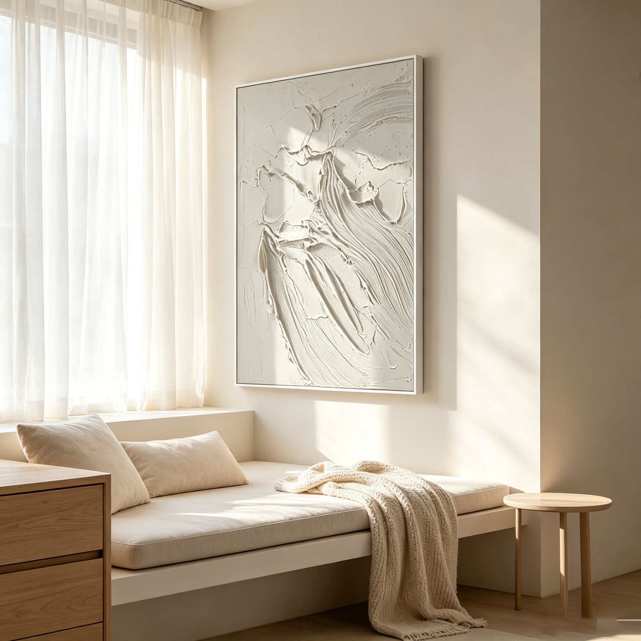 White 3D Textured Wall Art, Minimalist Flowing Curve Plaster Painting, Large Cream White Sculptural Canvas Art, Modern Japandi Dining Room Decor