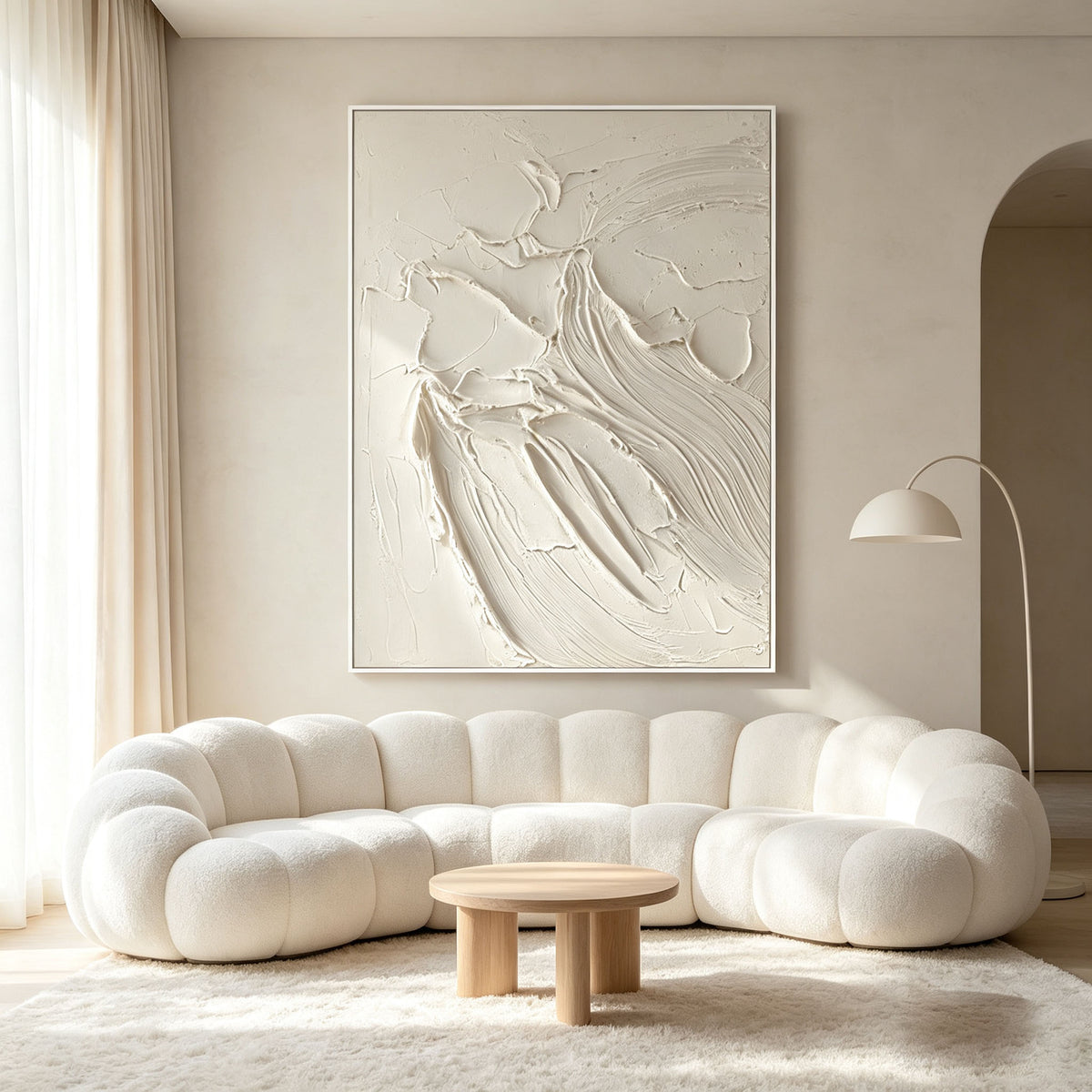 White 3D Textured Wall Art, Minimalist Flowing Curve Plaster Painting, Large Cream White Sculptural Canvas Art, Modern Japandi Dining Room Decor