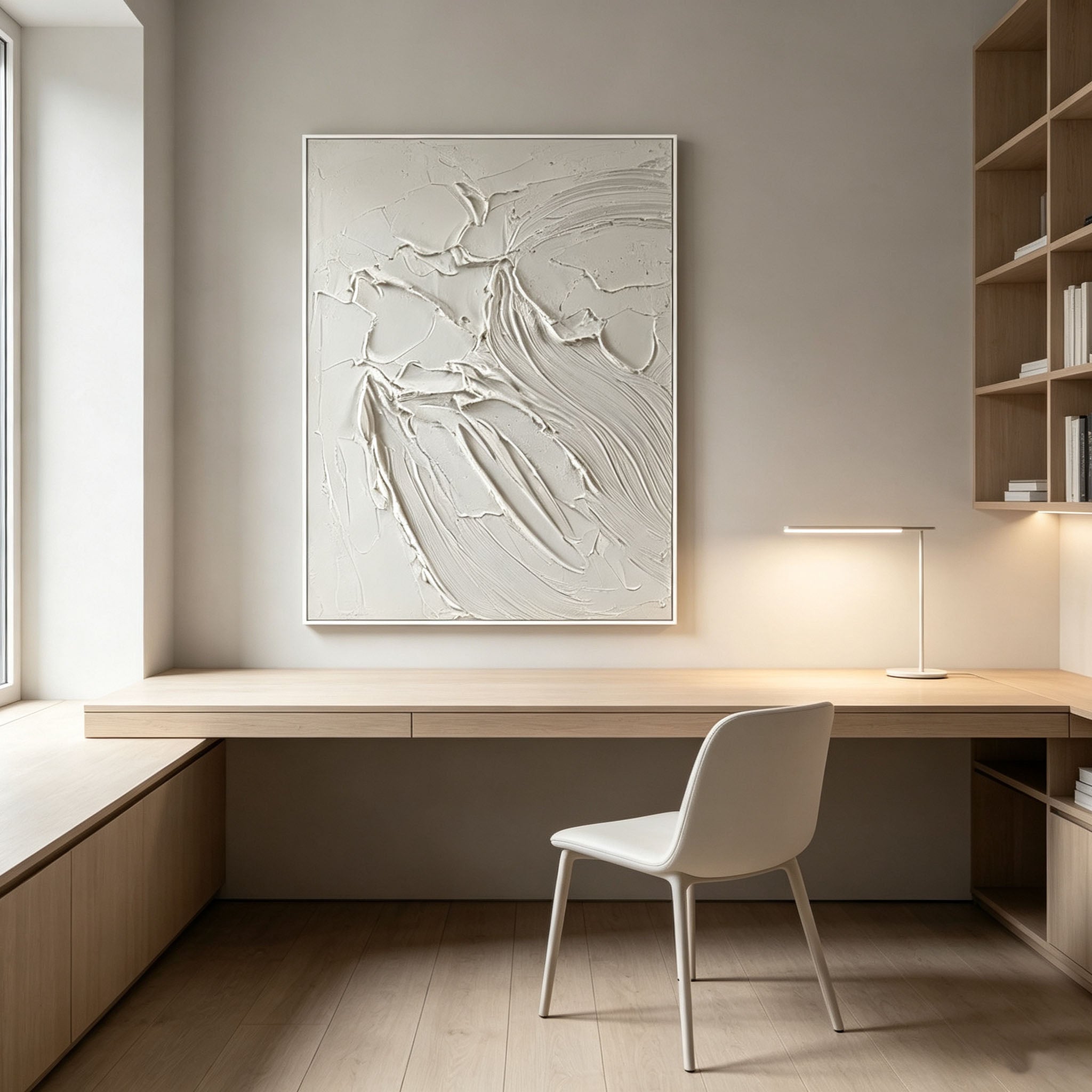 White 3D Textured Wall Art, Minimalist Flowing Curve Plaster Painting, Large Cream White Sculptural Canvas Art, Modern Japandi Dining Room Decor