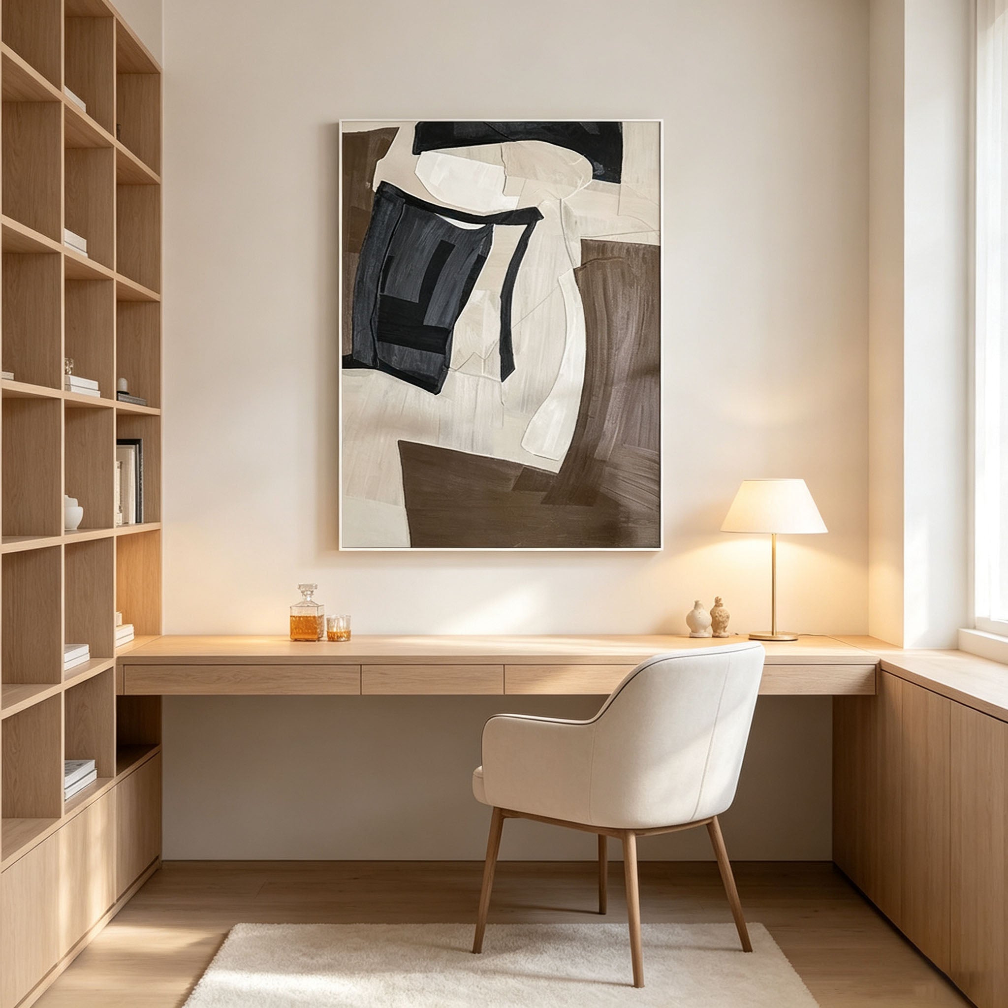 Brown Beige Geometric Abstract Wall Art, Warm Neutral Cubist Canvas Painting, Large Textured Modern Art, Minimalist Living Room Wall Decor