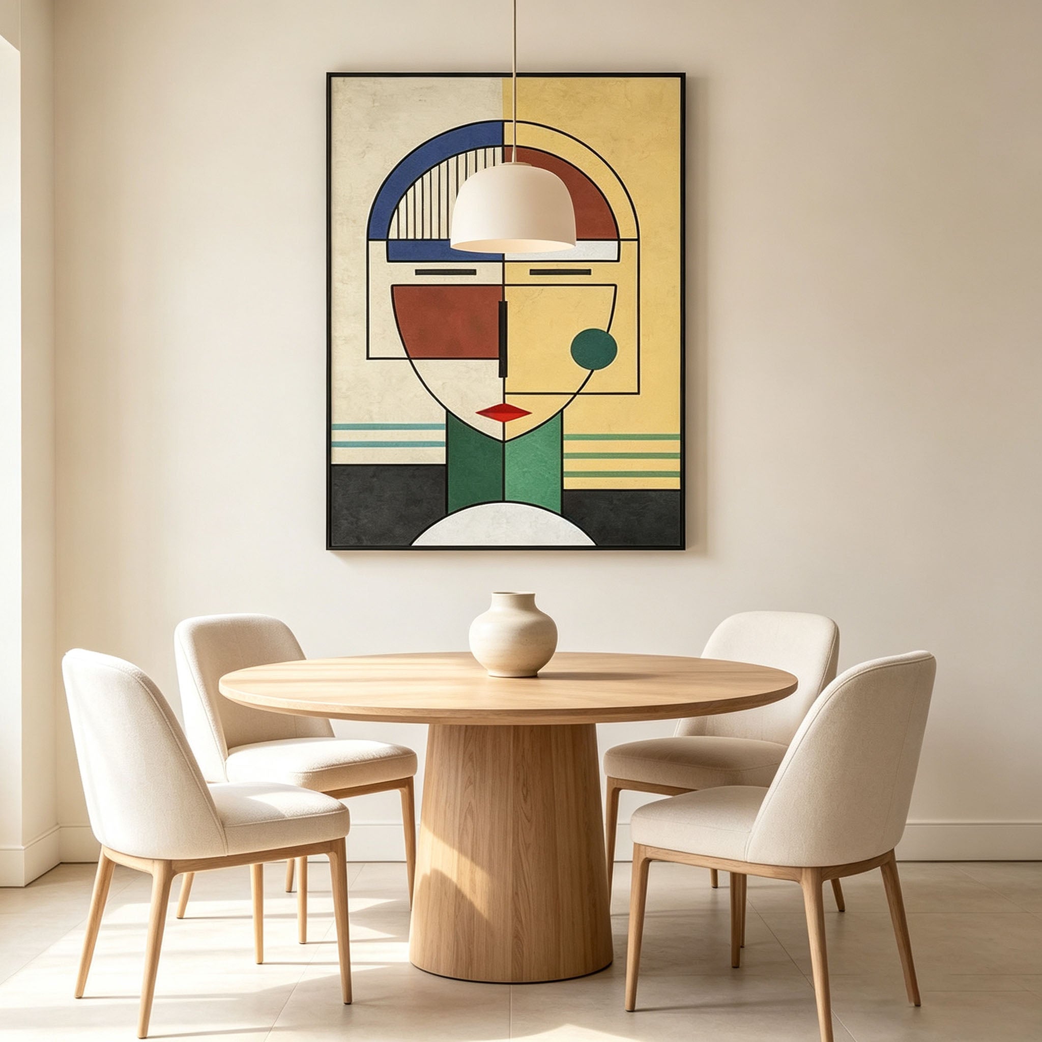 Cubist Geometric Portrait Wall Art, Yellow Blue Green Red Abstract Face Painting, Large Mid-Century Modern Canvas Art, Retro Bedroom Living Room Decor