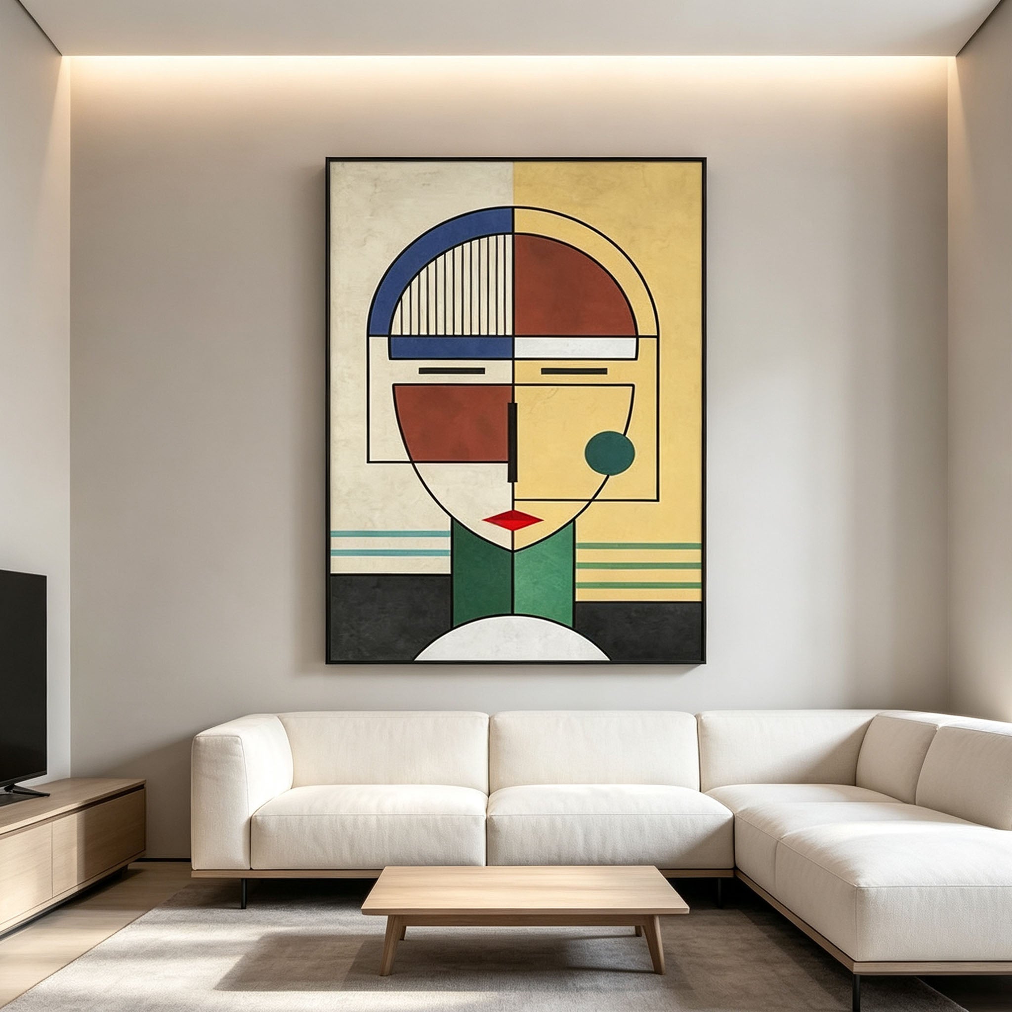 Cubist Geometric Portrait Wall Art, Yellow Blue Green Red Abstract Face Painting, Large Mid-Century Modern Canvas Art, Retro Bedroom Living Room Decor