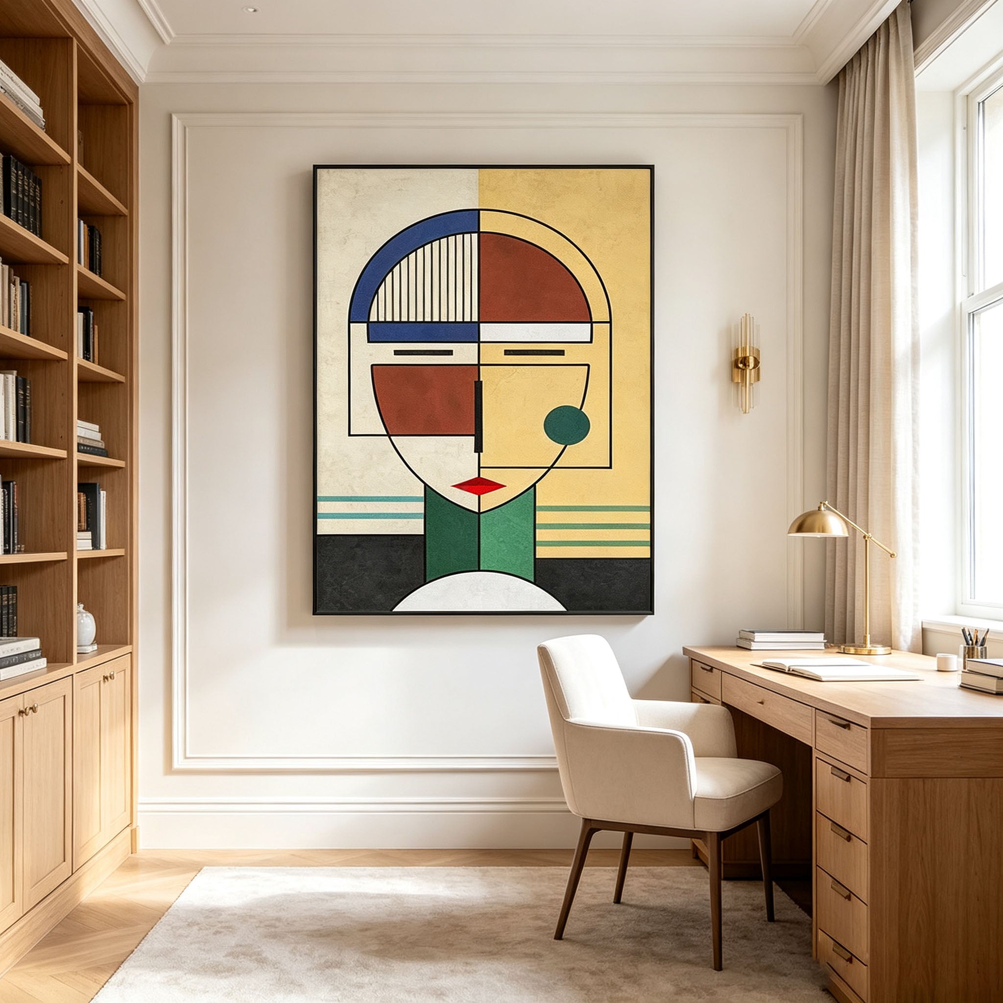 Cubist Geometric Portrait Wall Art, Yellow Blue Green Red Abstract Face Painting, Large Mid-Century Modern Canvas Art, Retro Bedroom Living Room Decor