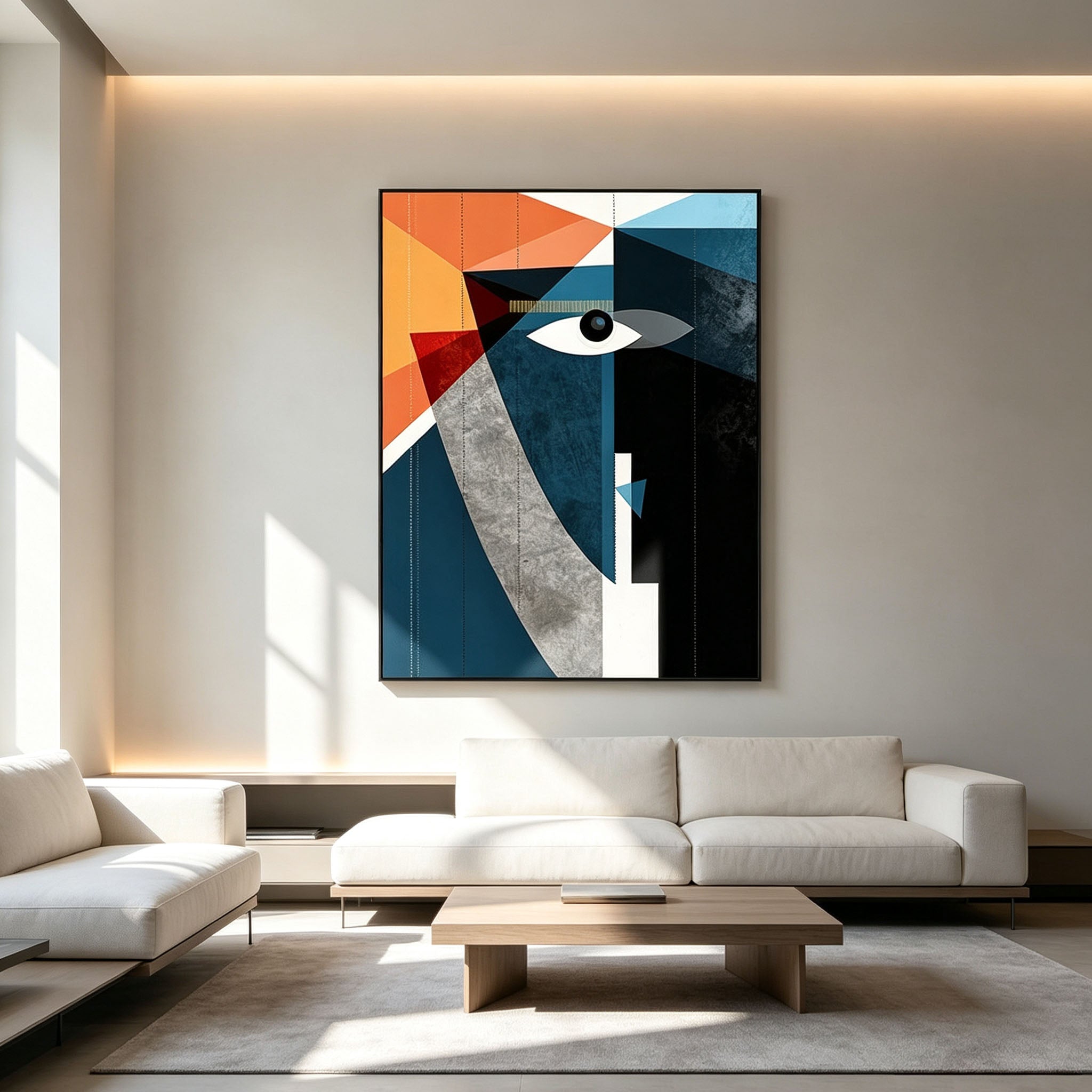Orange Blue Geometric Portrait Wall Art, Cubist Abstract Face Painting, Large Bold Modern Canvas Art, Dramatic Eye Dining Room Living Room Decor