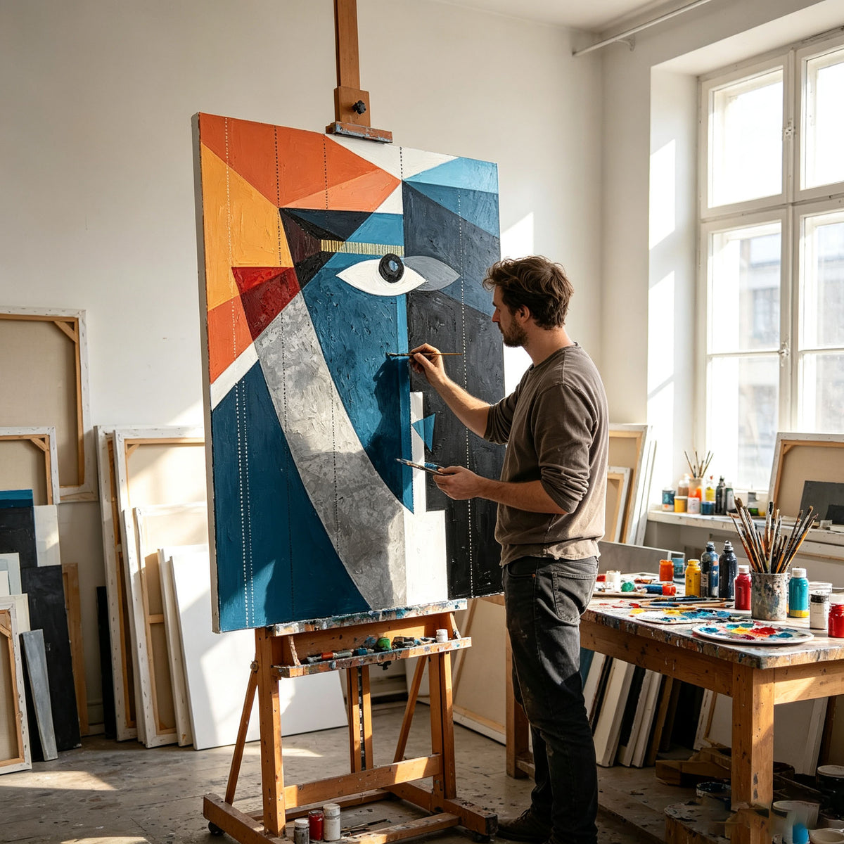 Orange Blue Geometric Portrait Wall Art, Cubist Abstract Face Painting, Large Bold Modern Canvas Art, Dramatic Eye Dining Room Living Room Decor