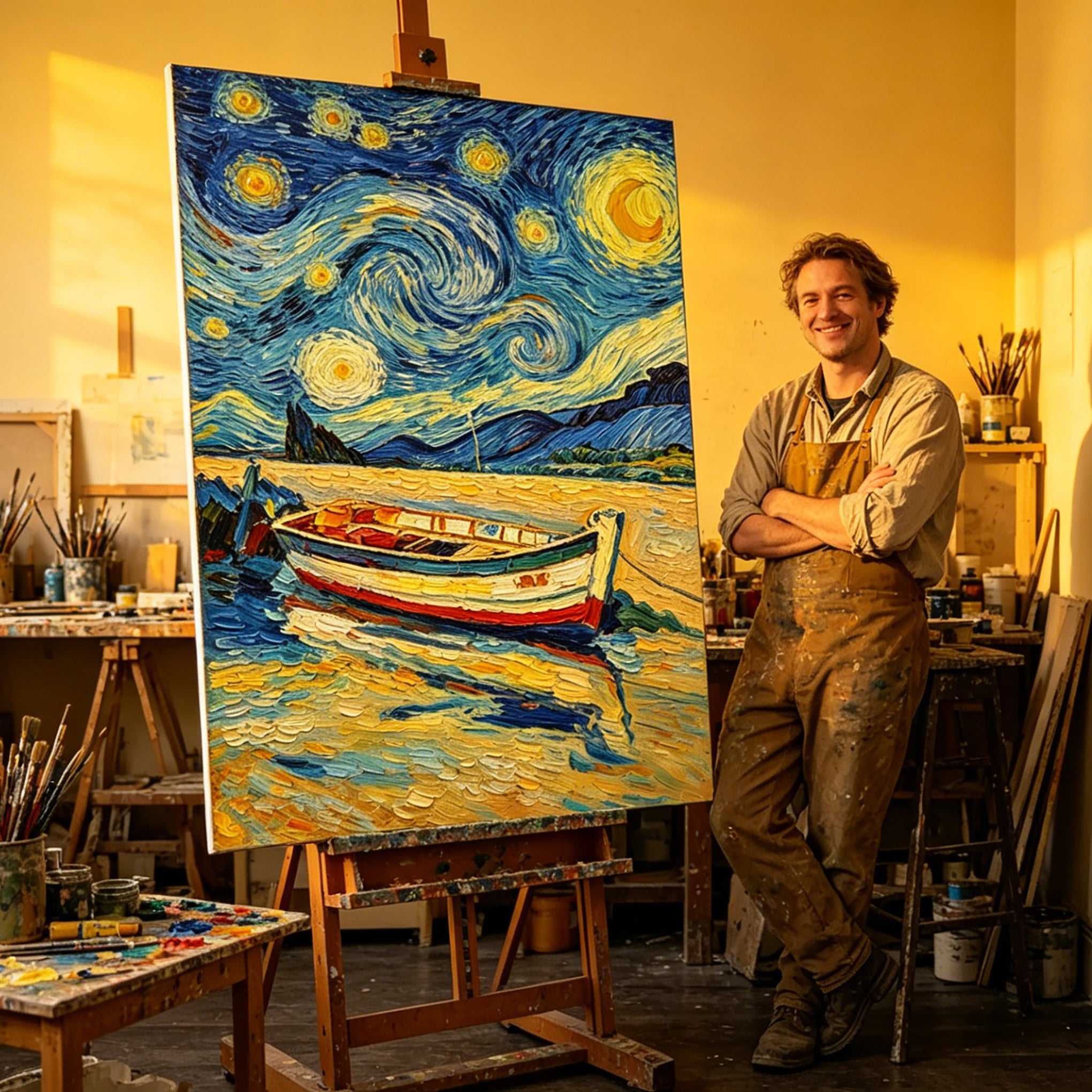 Stretched Hand-Painted "Starry Night Harbor" Oil Painting – Van Gogh-Inspired Impressionist Statement Canvas