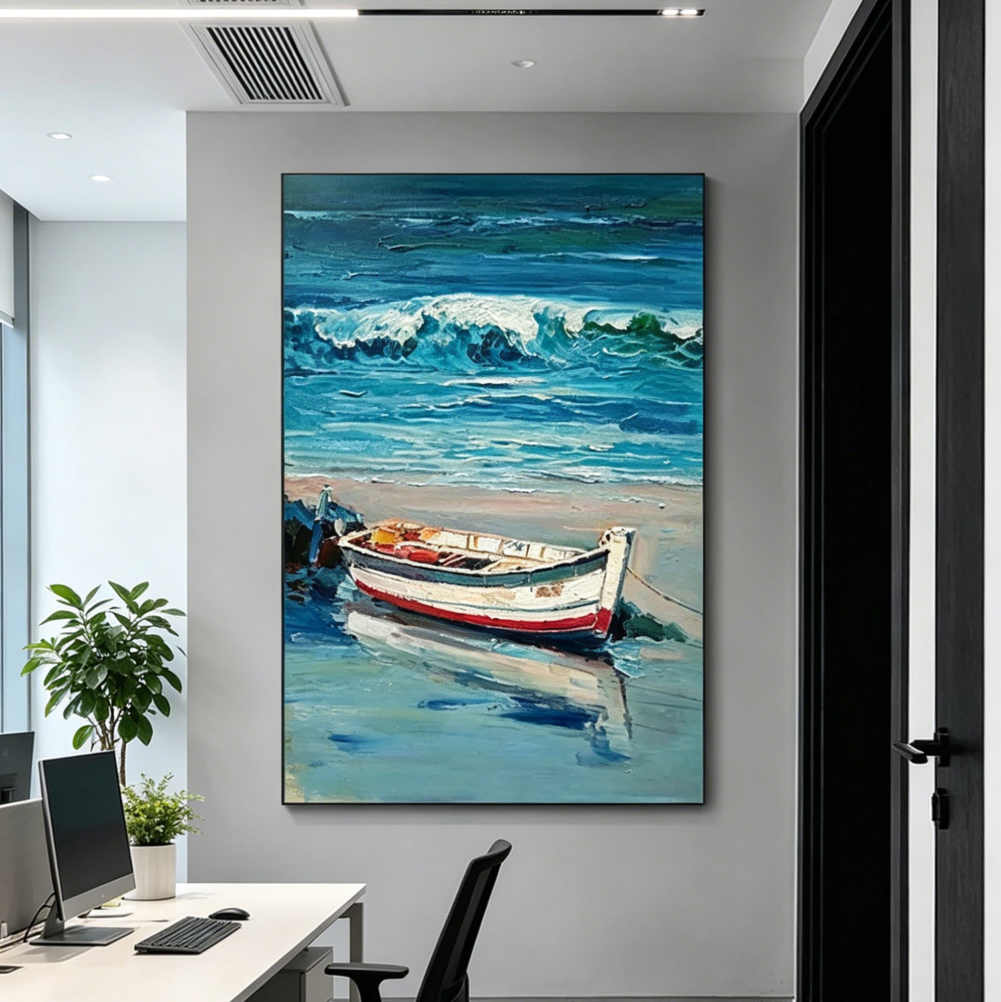Hand-Painted "Harbor Moonlight" Oil Painting – Textured Nautical Statement Canvas for Coastal Elegance