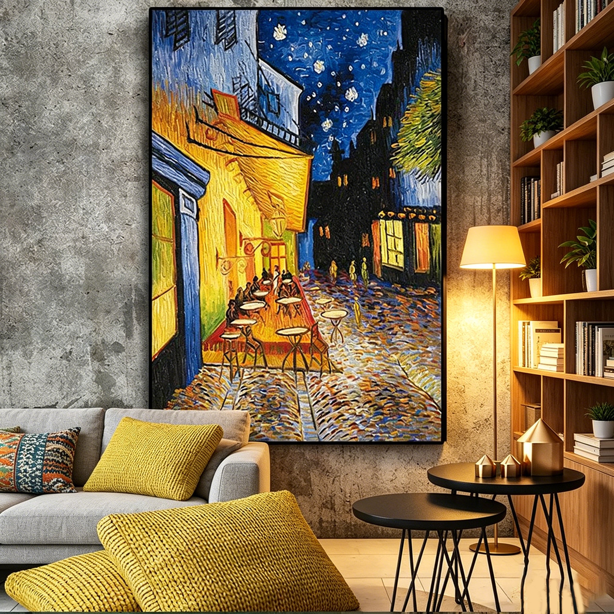 Hand‑Painted European Night Street Scene Oil Painting | Vintage Cobblestone Terrace Wall Art