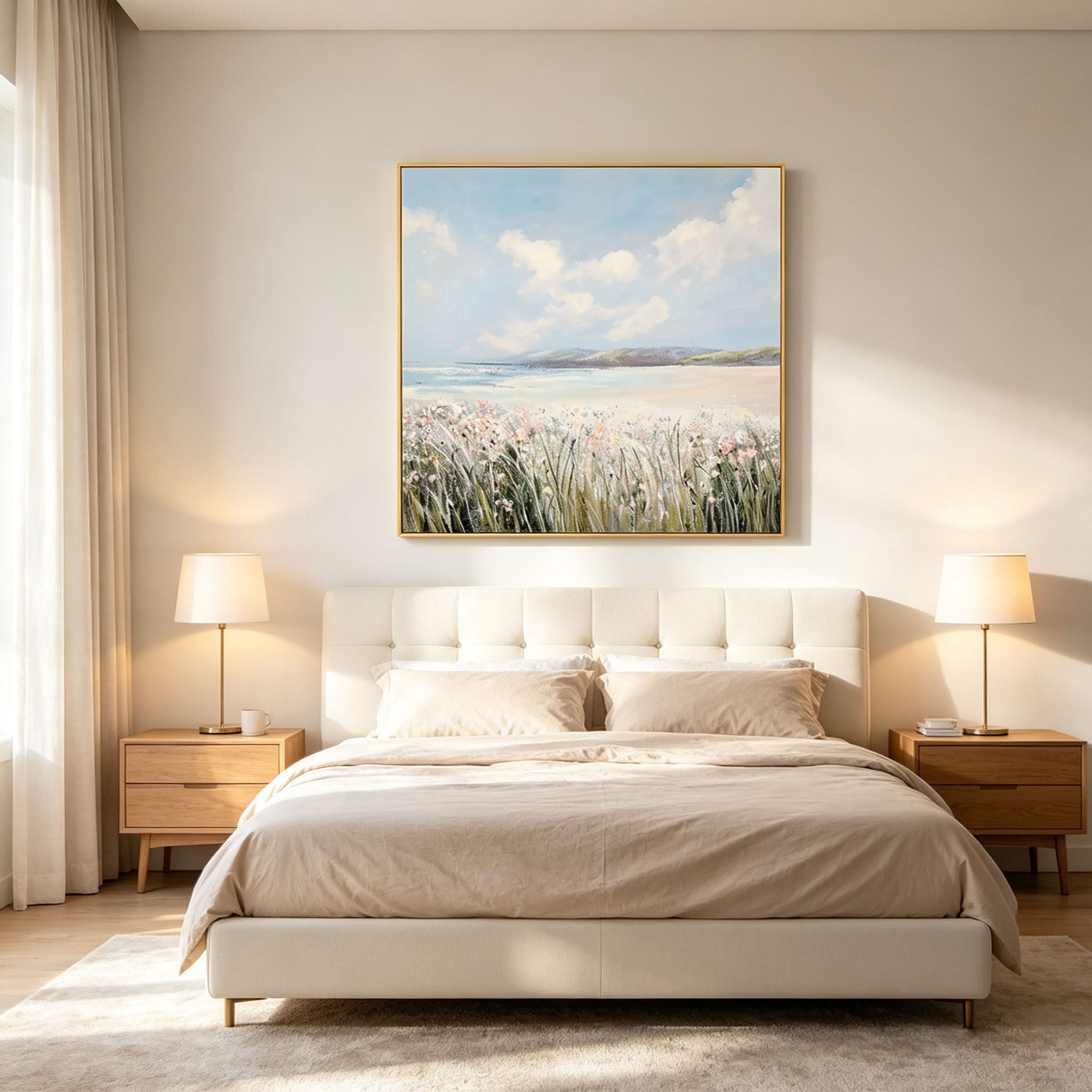 Textured Coastal Beach Wildflower Oil Painting, Hand Painted Seascape Canvas Wall Art, Soft Sky Ocean Landscape Decor