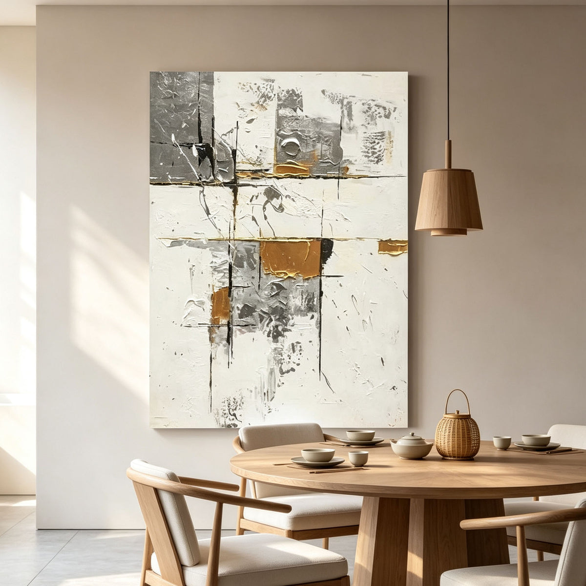 White Gray Gold Abstract Wall Art, Minimalist Geometric Textured Canvas Painting, Large Silver Gold Neutral Art, Modern Luxury Living Room Decor