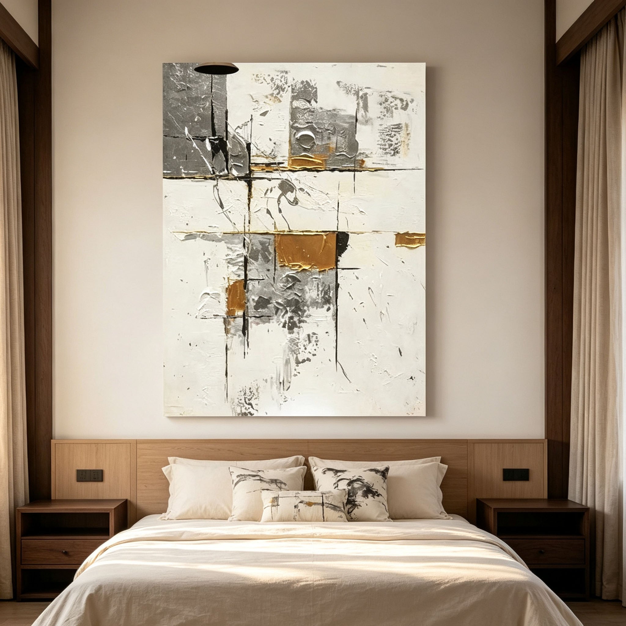 White Gray Gold Abstract Wall Art, Minimalist Geometric Textured Canvas Painting, Large Silver Gold Neutral Art, Modern Luxury Living Room Decor