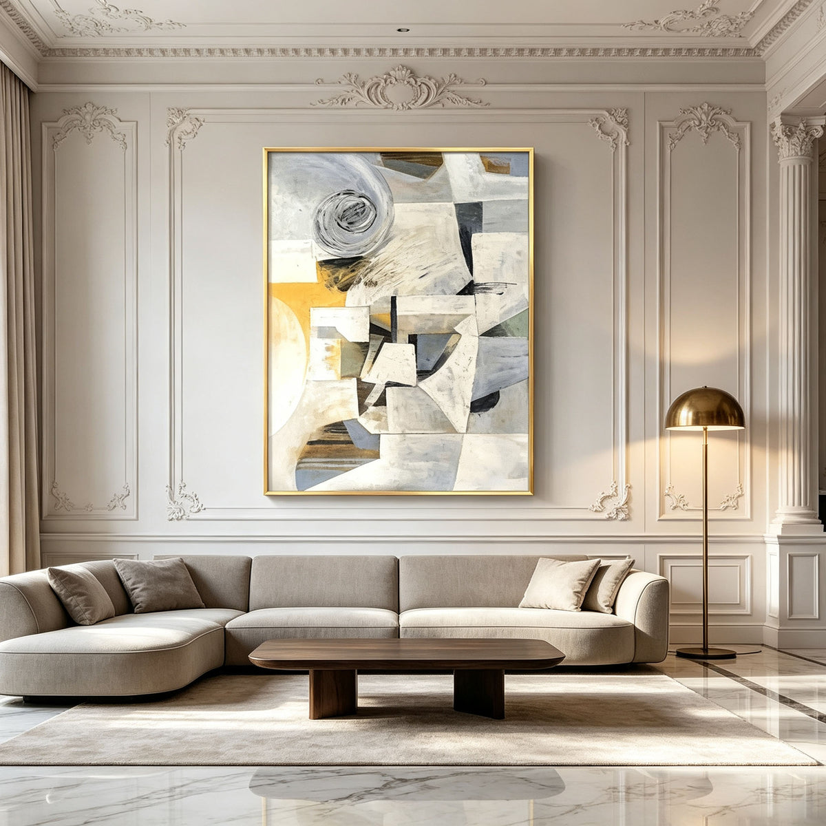 Cubist Geometric Abstract Wall Art, Beige Gray Mustard Yellow Canvas Painting, Large Constructivist Neutral Art, Vintage Modern Bedroom Decor