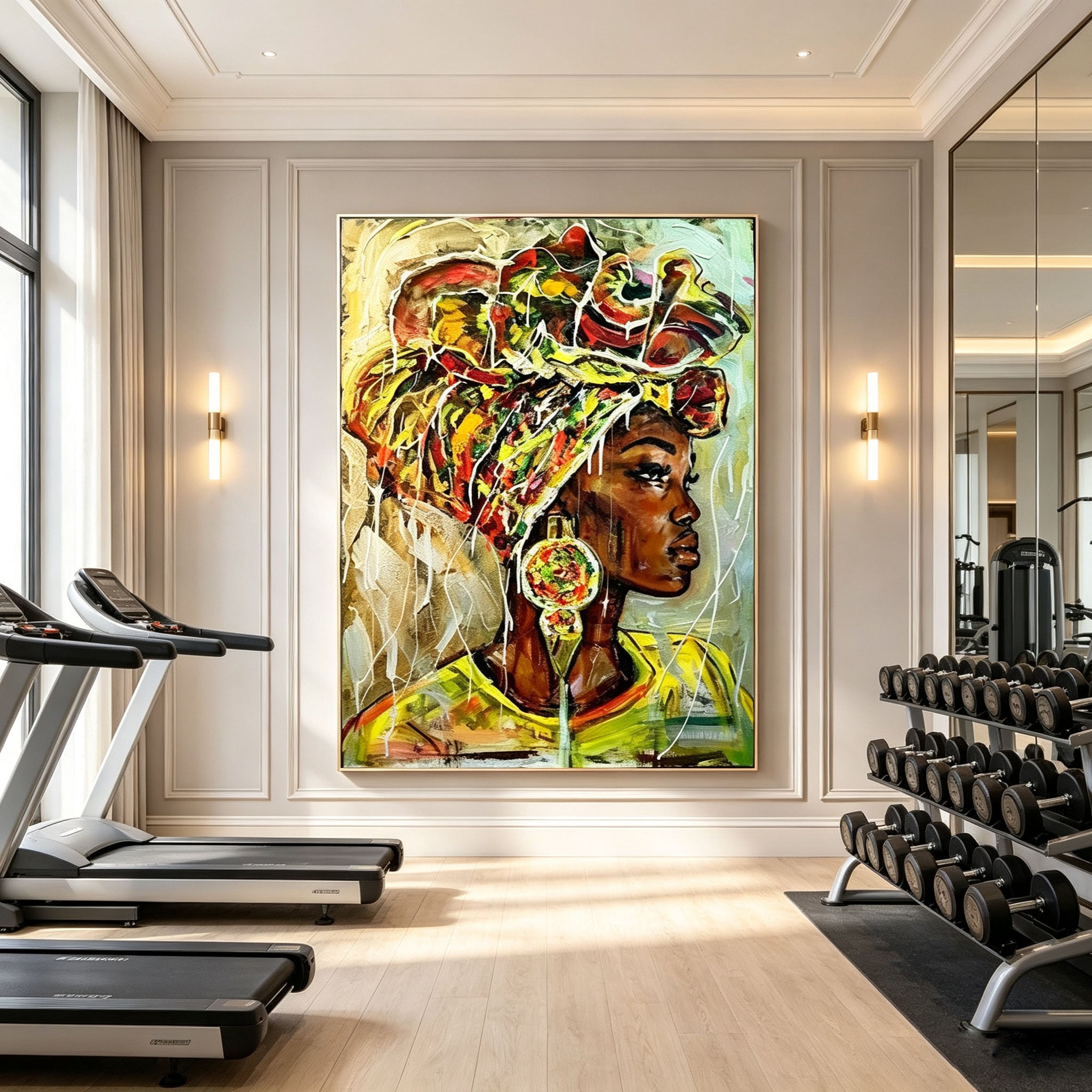 African Woman Portrait Wall Art, Tribal Headwrap Colorful Oil Painting, Large Bold Ethnic Figurative Canvas, Vibrant Living Room Dining Room Decor