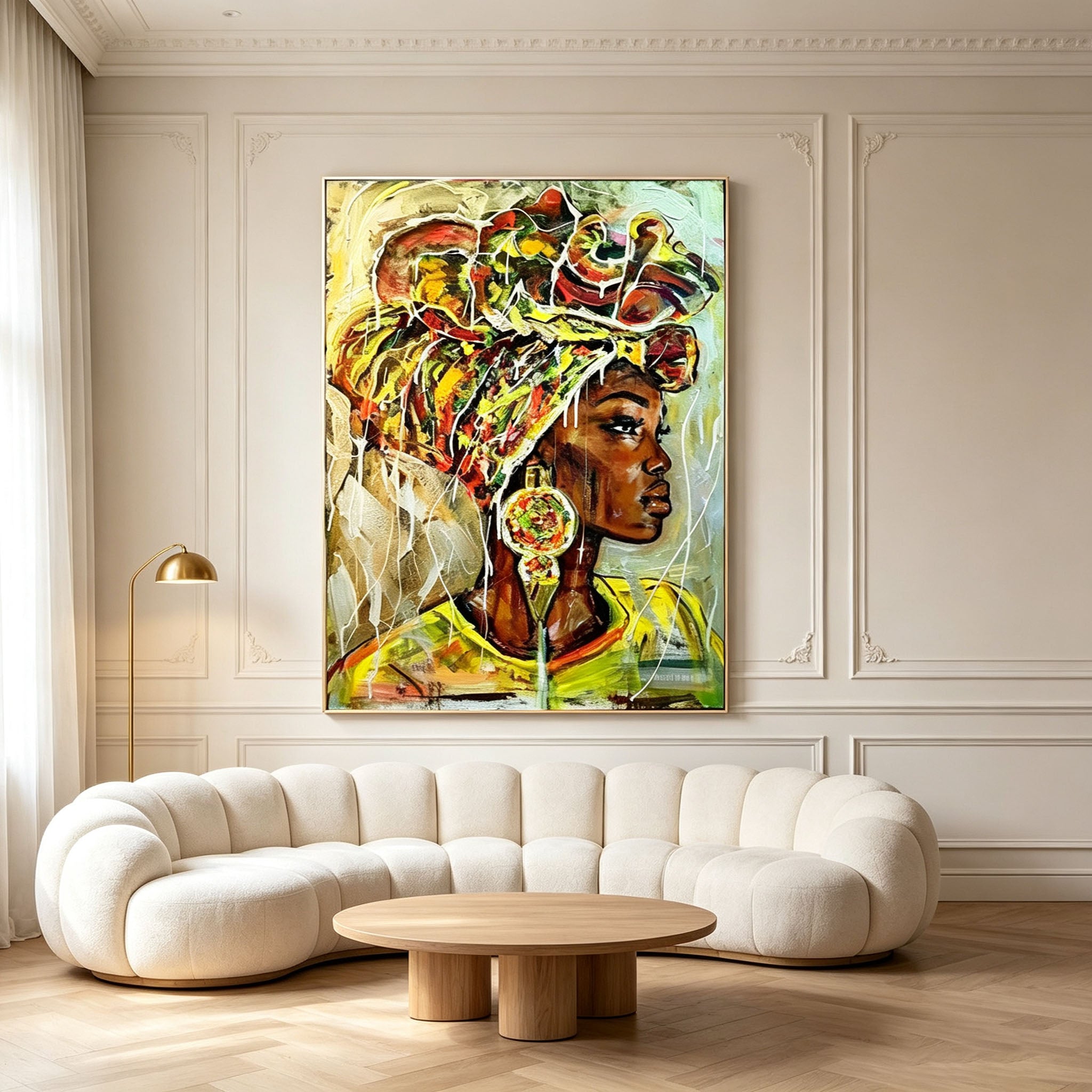 African Woman Portrait Wall Art, Tribal Headwrap Colorful Oil Painting, Large Bold Ethnic Figurative Canvas, Vibrant Living Room Dining Room Decor