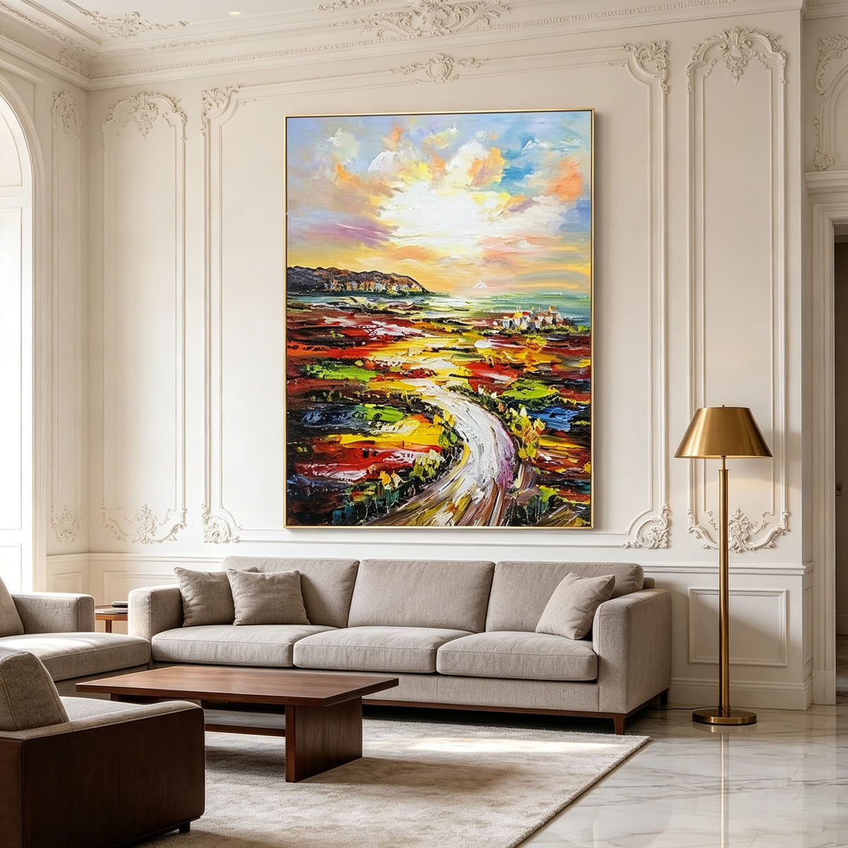 Colorful Road Landscape Wall Art, Winding Path Fields Painting, Large Vibrant Abstract Canvas Art, Expressive Countryside Living Room Decor