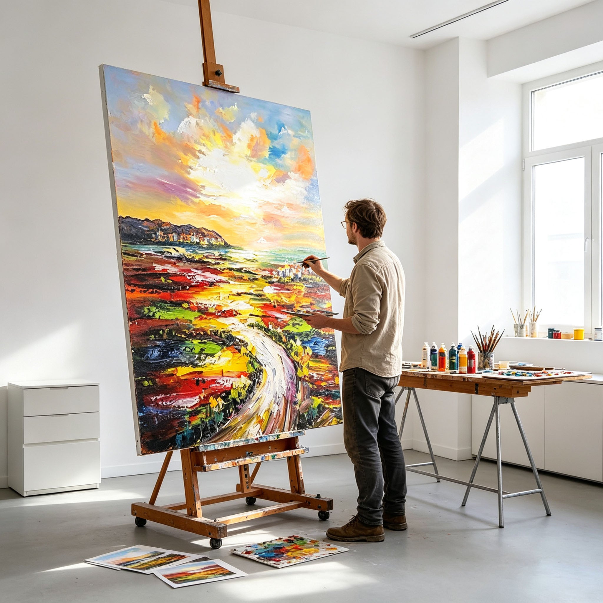 Colorful Road Landscape Wall Art, Winding Path Fields Painting, Large Vibrant Abstract Canvas Art, Expressive Countryside Living Room Decor