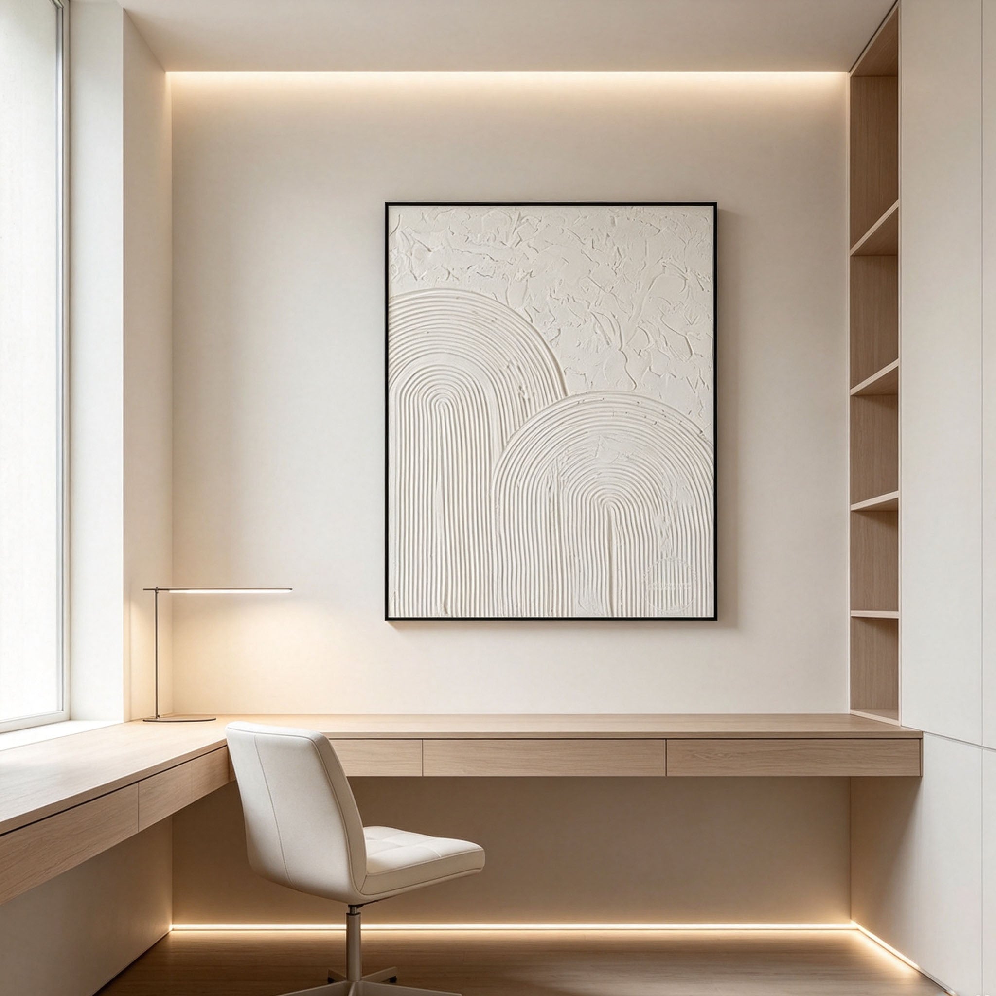 White 3D Textured Wall Art, Minimalist Arched Texture Canvas Painting, Large Cream White Sculptural Art, Modern Minimalist Bedroom Decor