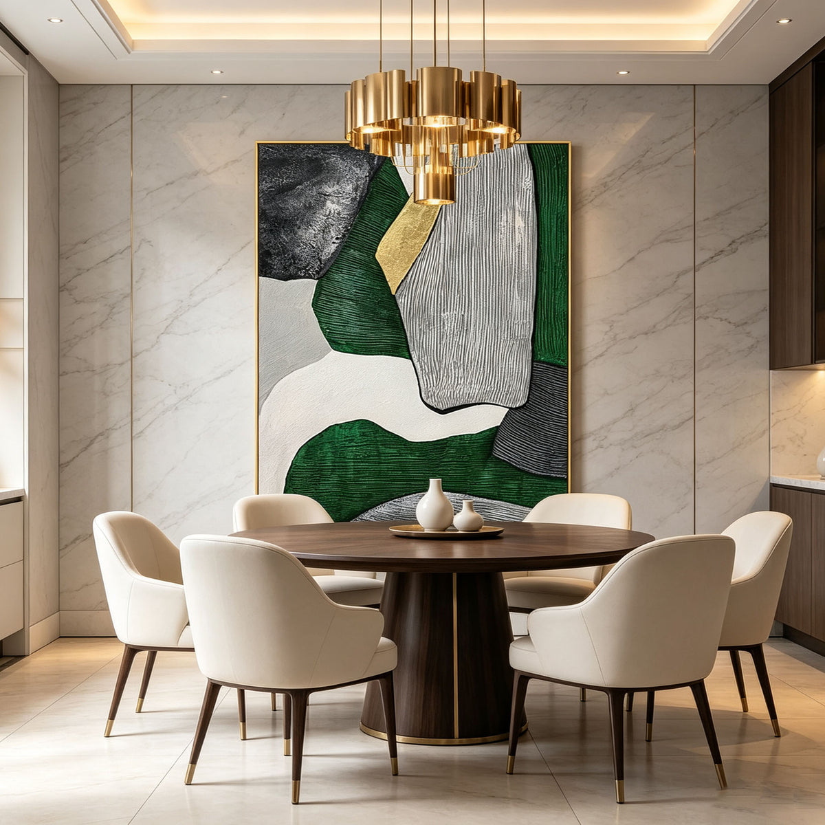 Green Gold Geometric Abstract Wall Art, Dark Green Black White Canvas Painting, Large Textured Impasto Art, Modern Luxury Bedroom Decor
