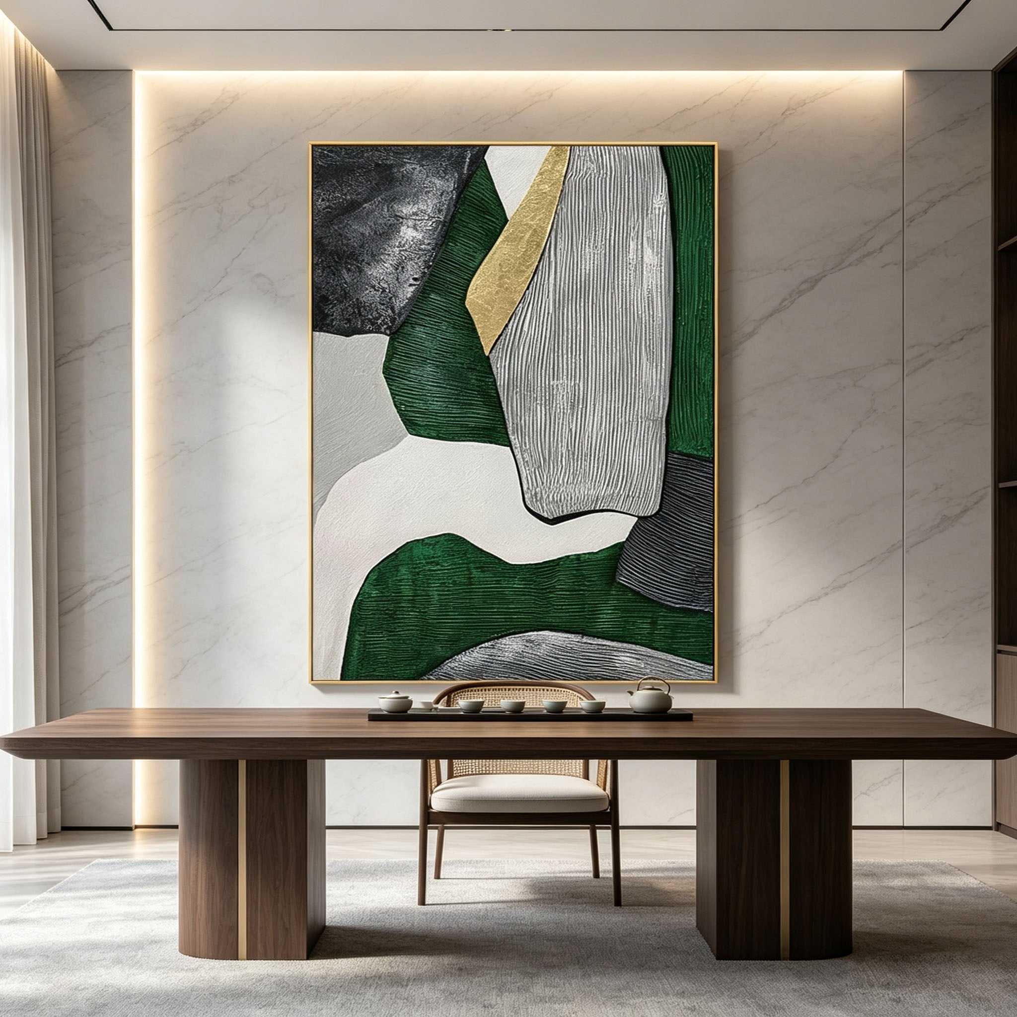 Green Gold Geometric Abstract Wall Art, Dark Green Black White Canvas Painting, Large Textured Impasto Art, Modern Luxury Bedroom Decor